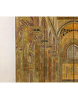 Renaissance-Inspired 4-Panel Gilded Screen with Raised Architectural Design