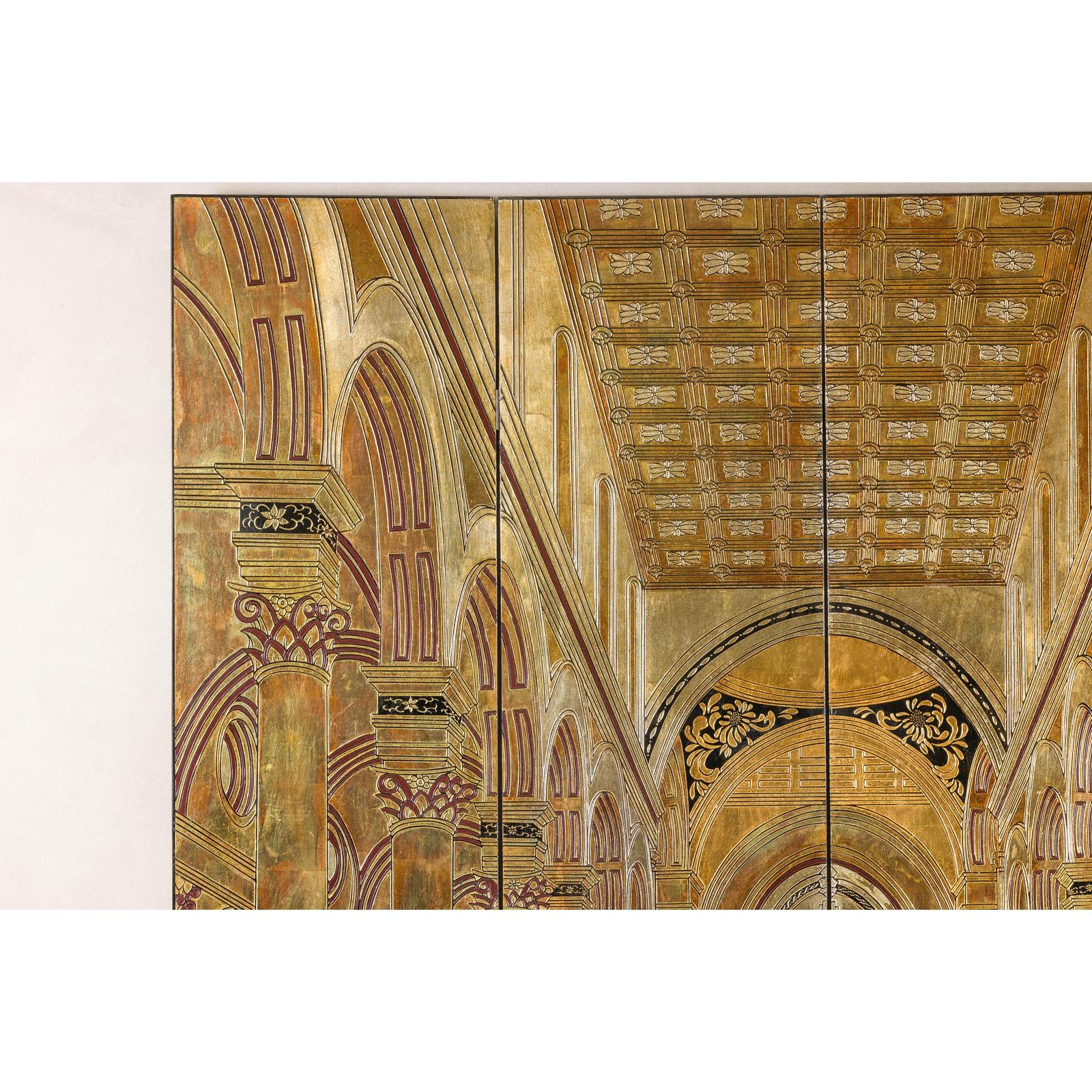 Renaissance-Inspired 4-Panel Gilded Screen with Raised Architectural Design