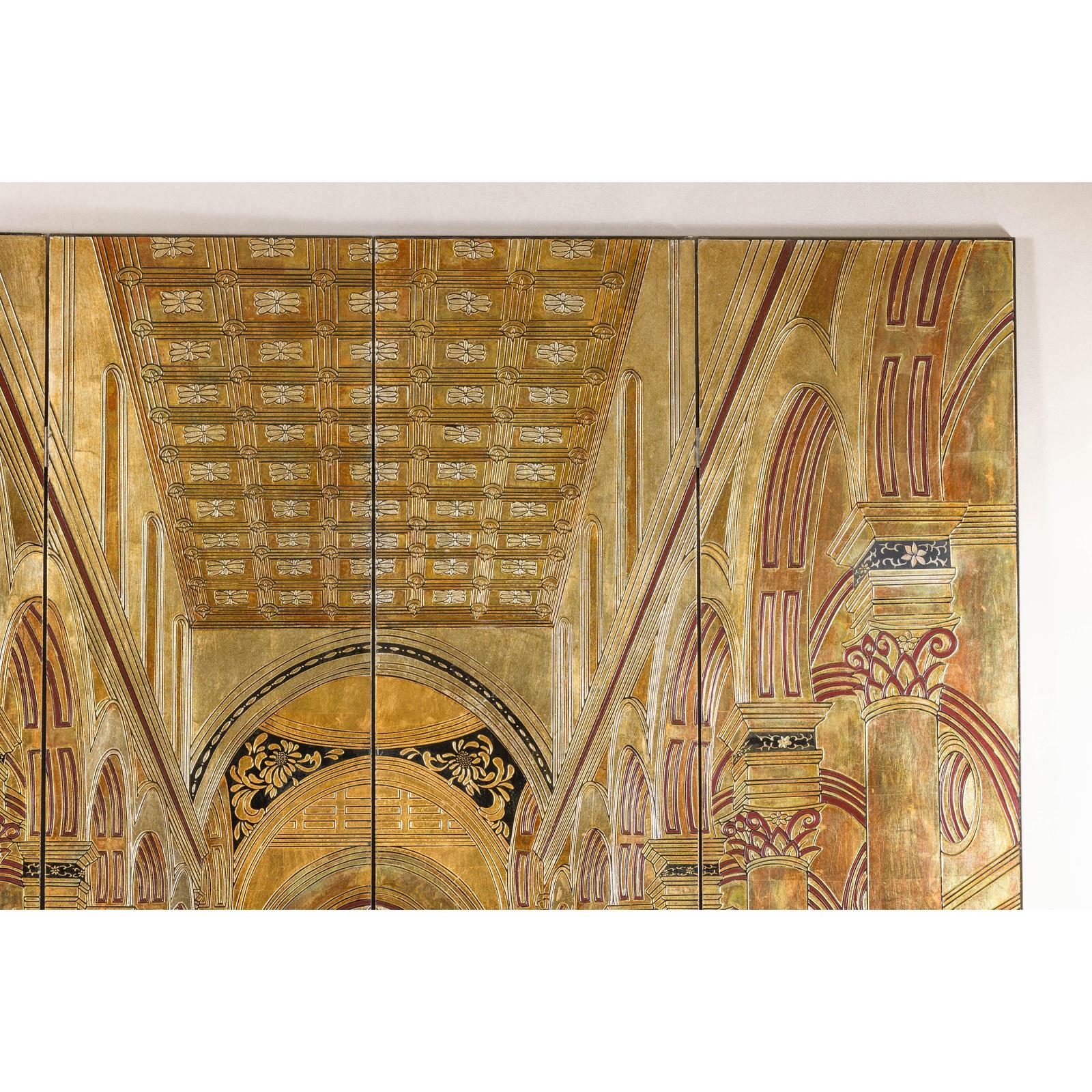Renaissance-Inspired 4-Panel Gilded Screen with Raised Architectural Design