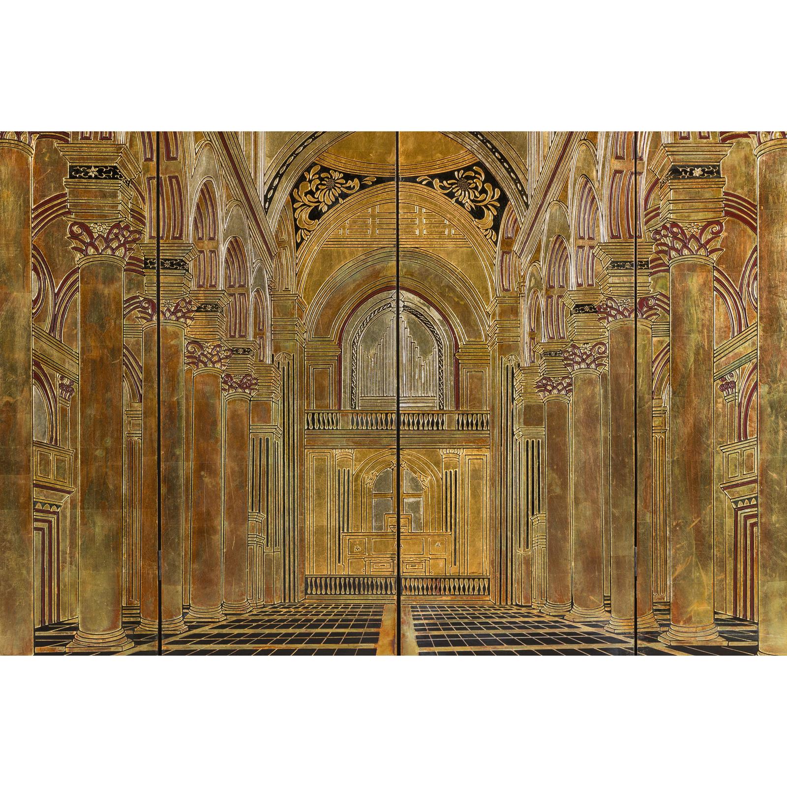 Renaissance-Inspired 4-Panel Gilded Screen with Raised Architectural Design