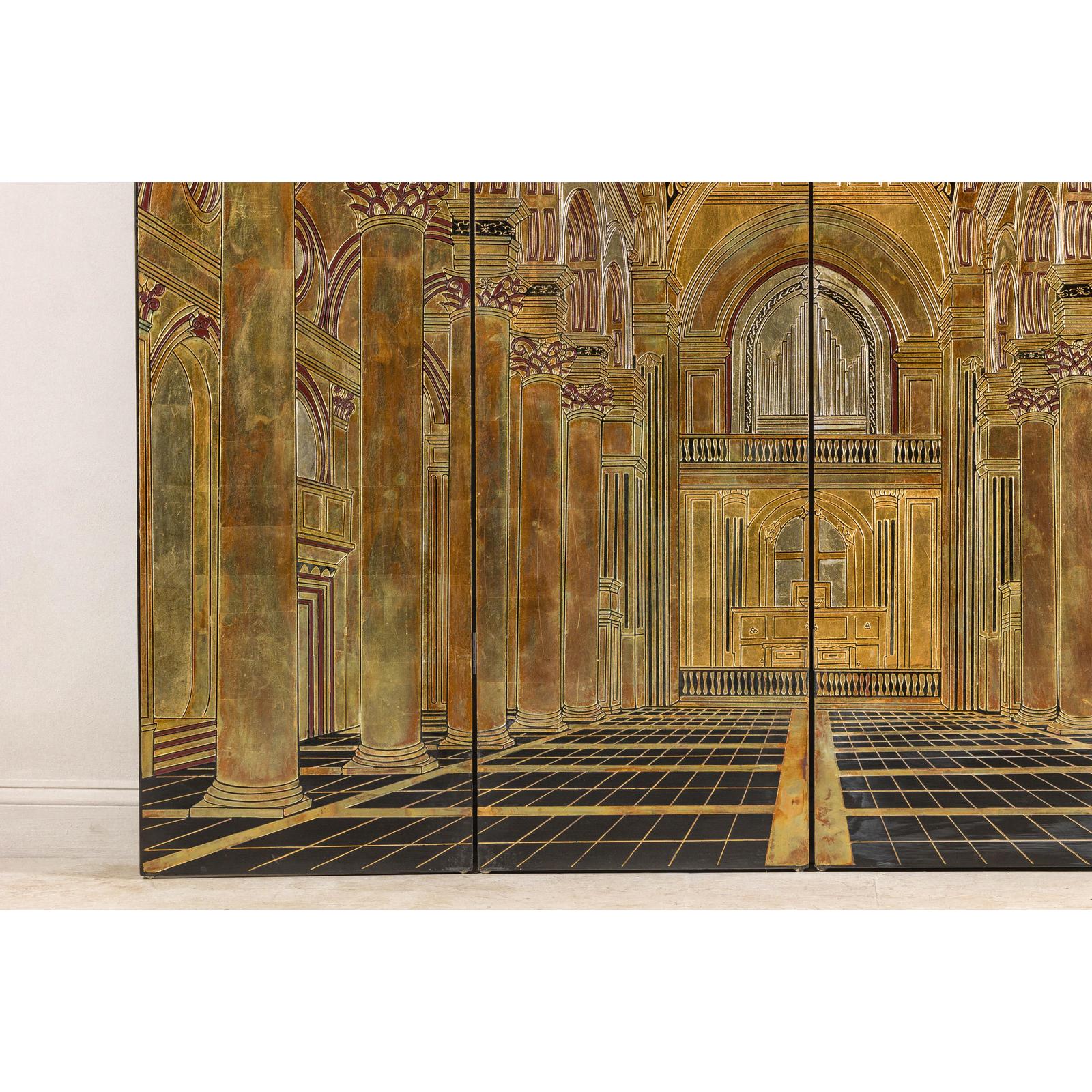 Renaissance-Inspired 4-Panel Gilded Screen with Raised Architectural Design