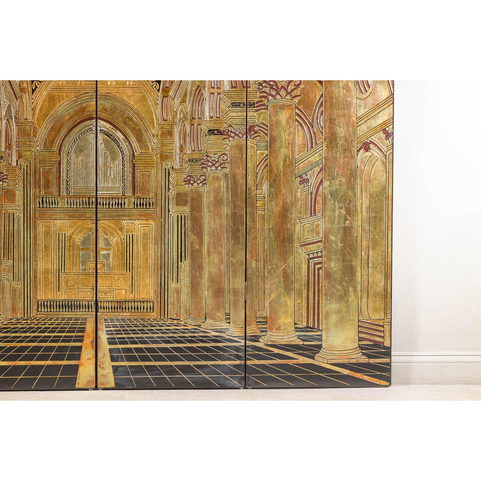 Renaissance-Inspired 4-Panel Gilded Screen with Raised Architectural Design