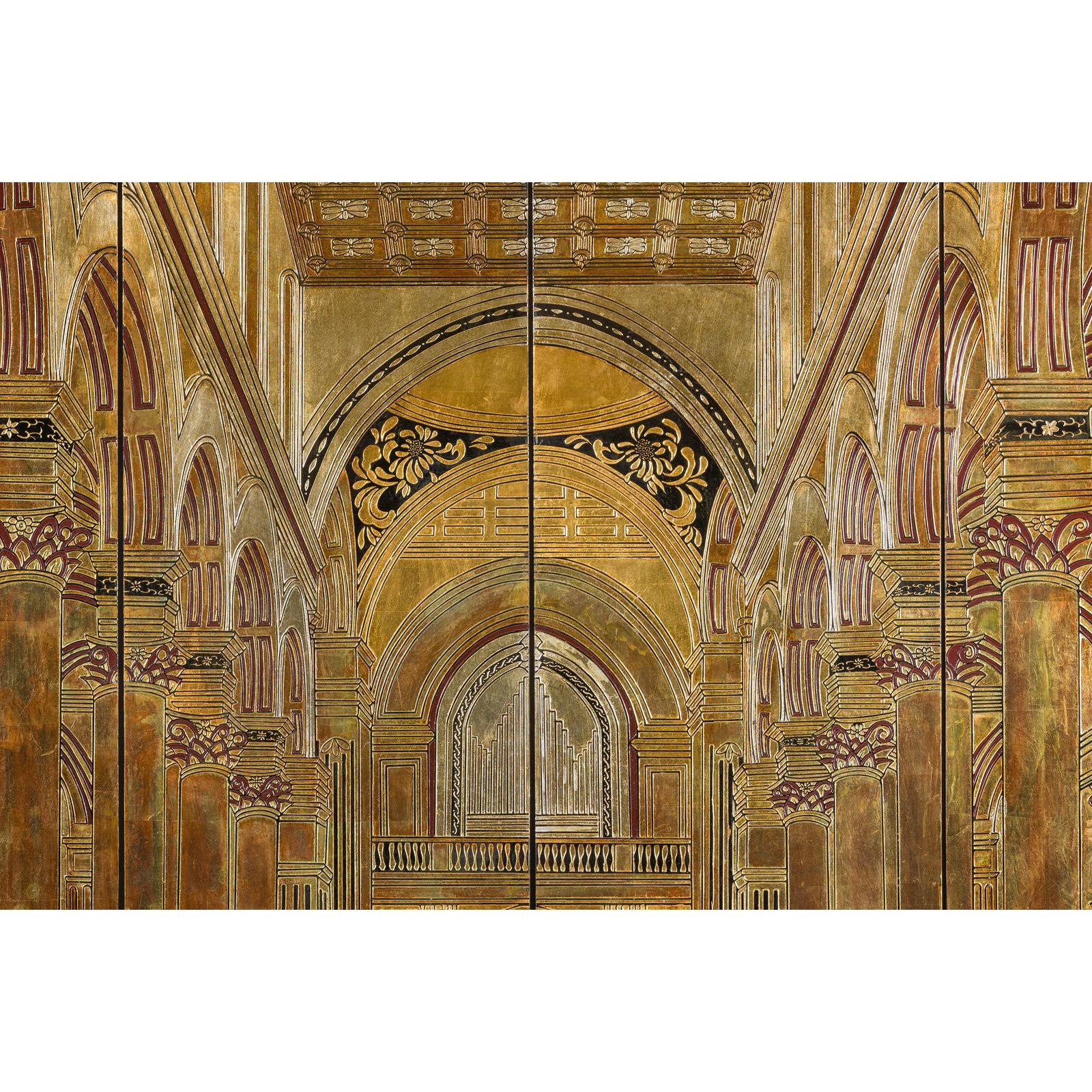 Renaissance-Inspired 4-Panel Gilded Screen with Raised Architectural Design
