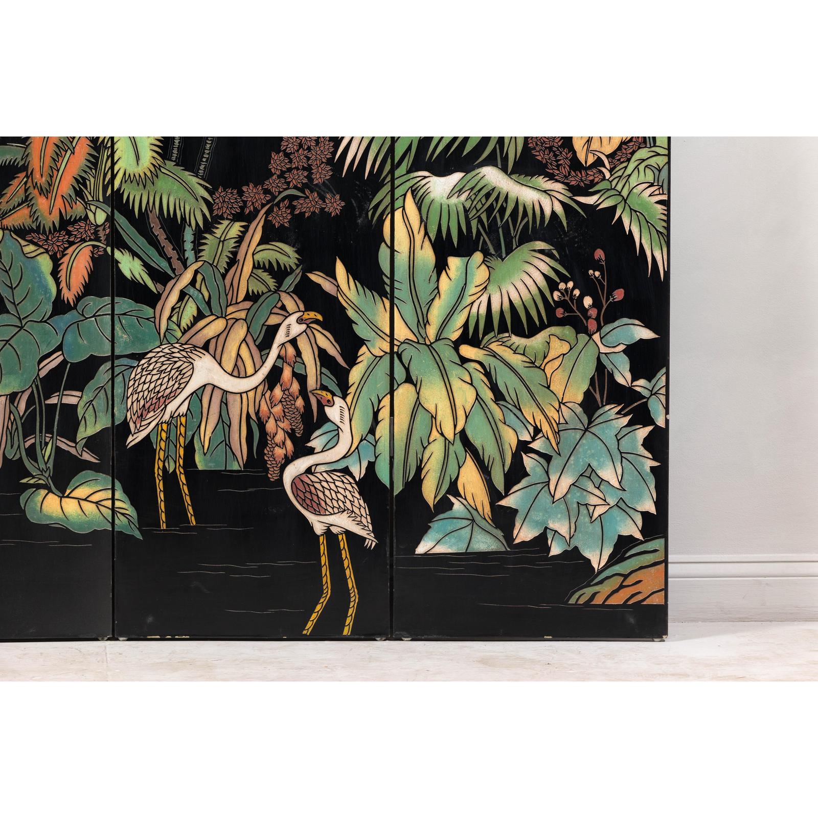 Vintage Four-Panel Screen with Curved Design and Raised Bird Decor