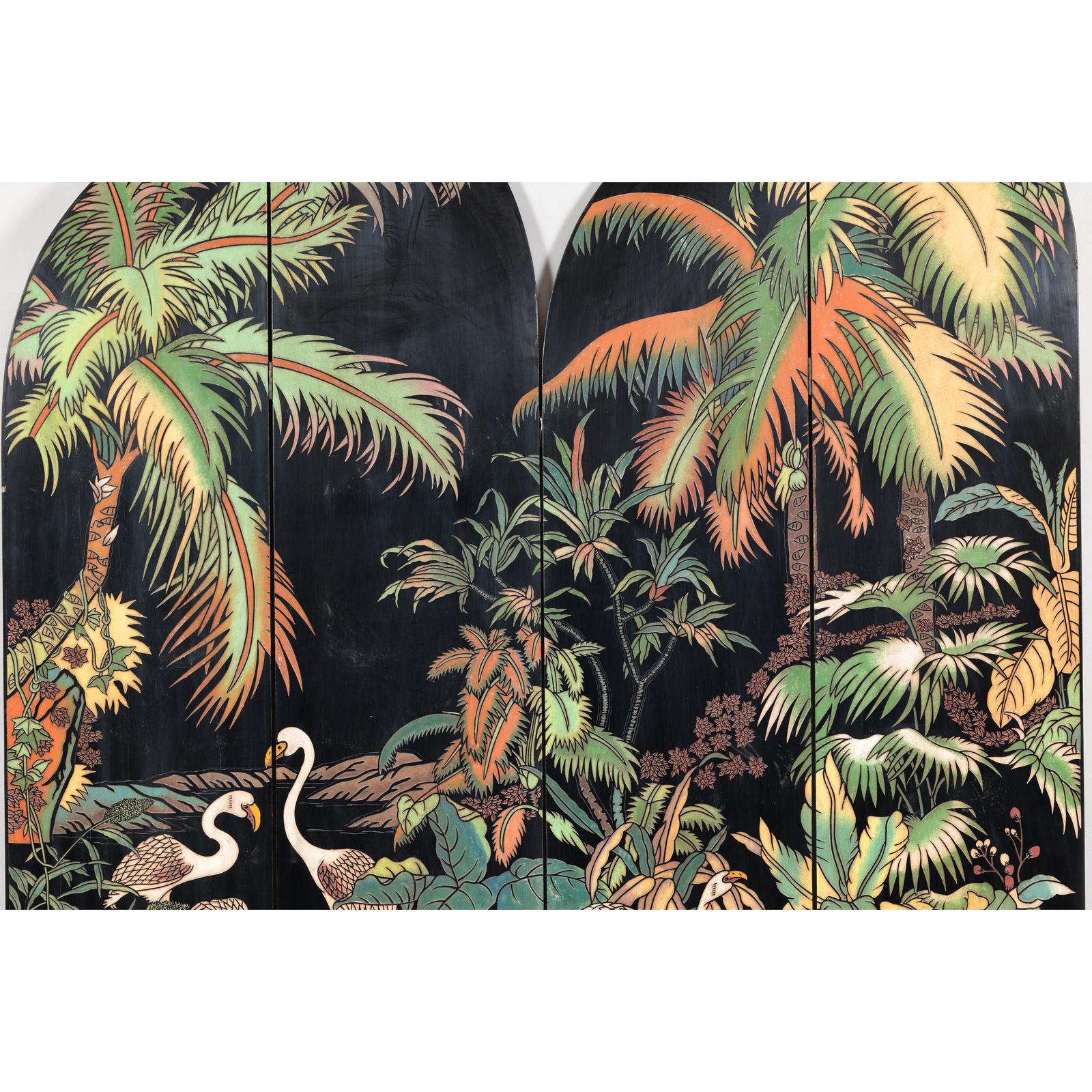 Vintage Four-Panel Screen with Curved Design and Raised Bird Decor