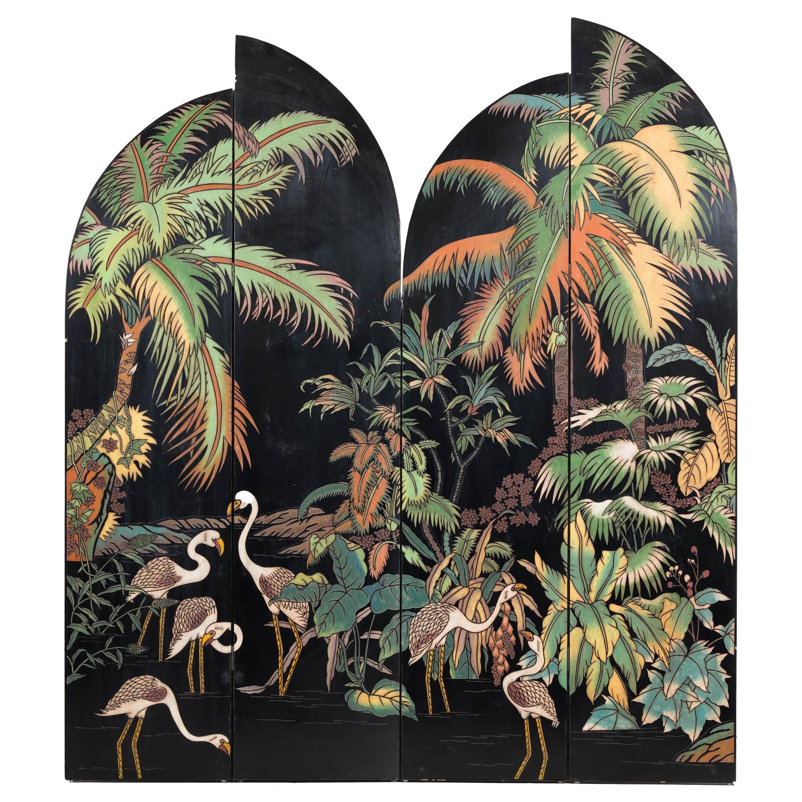 Vintage Four-Panel Screen with Curved Design and Raised Bird Decor