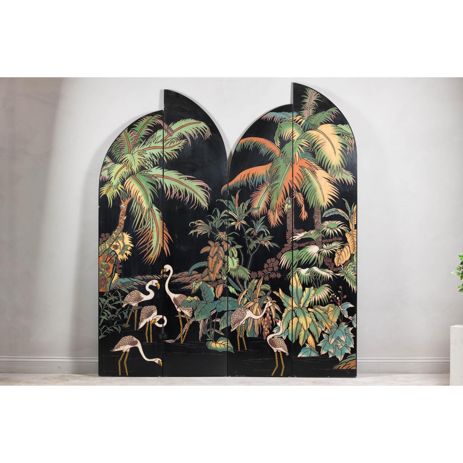 Vintage Four-Panel Screen with Curved Design and Raised Bird Decor