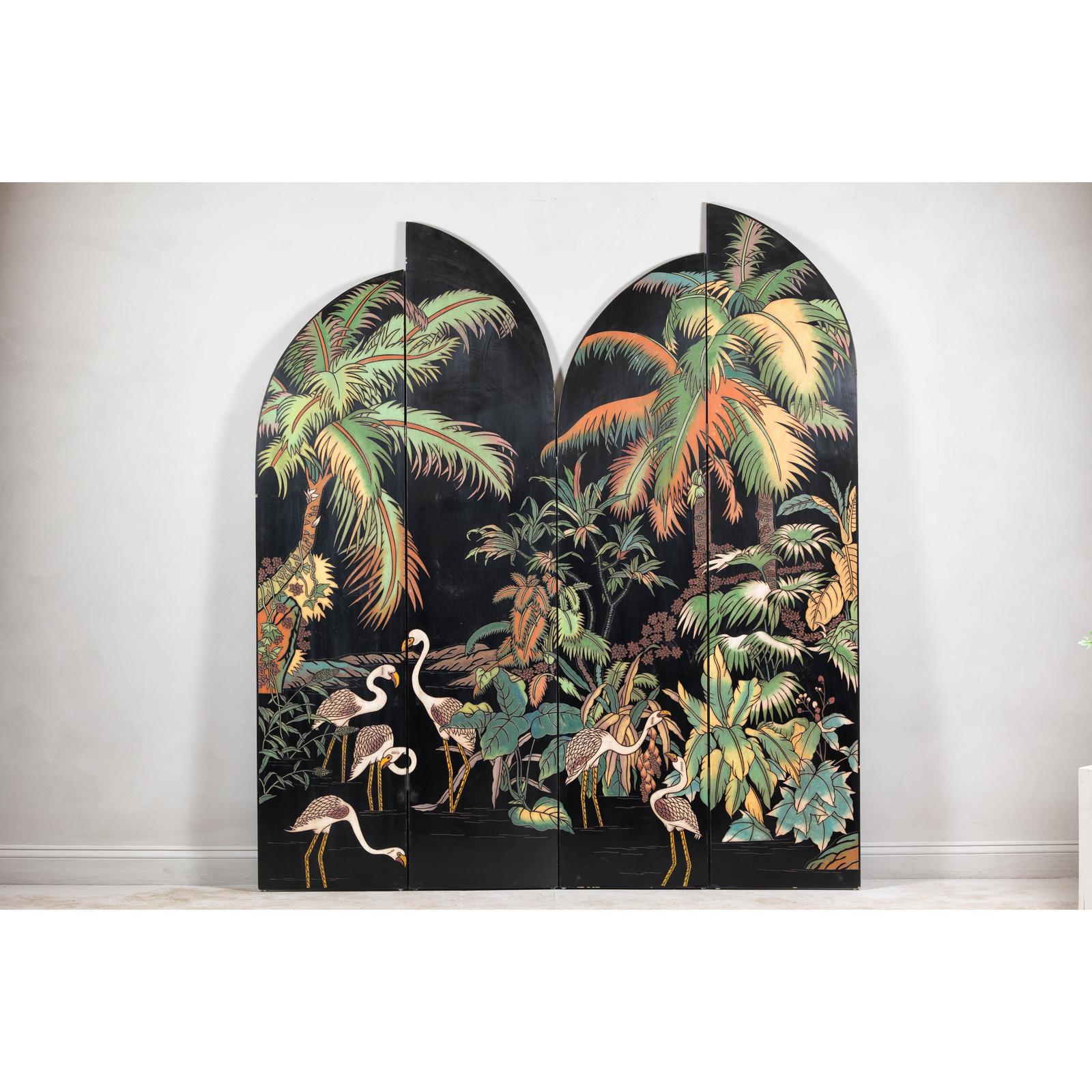 Vintage Four-Panel Screen with Curved Design and Raised Bird Decor