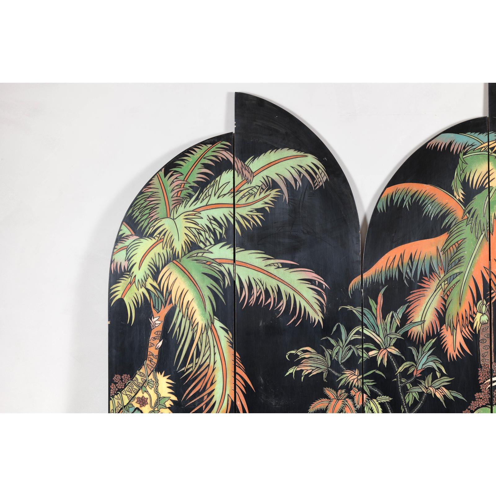 Vintage Four-Panel Screen with Curved Design and Raised Bird Decor