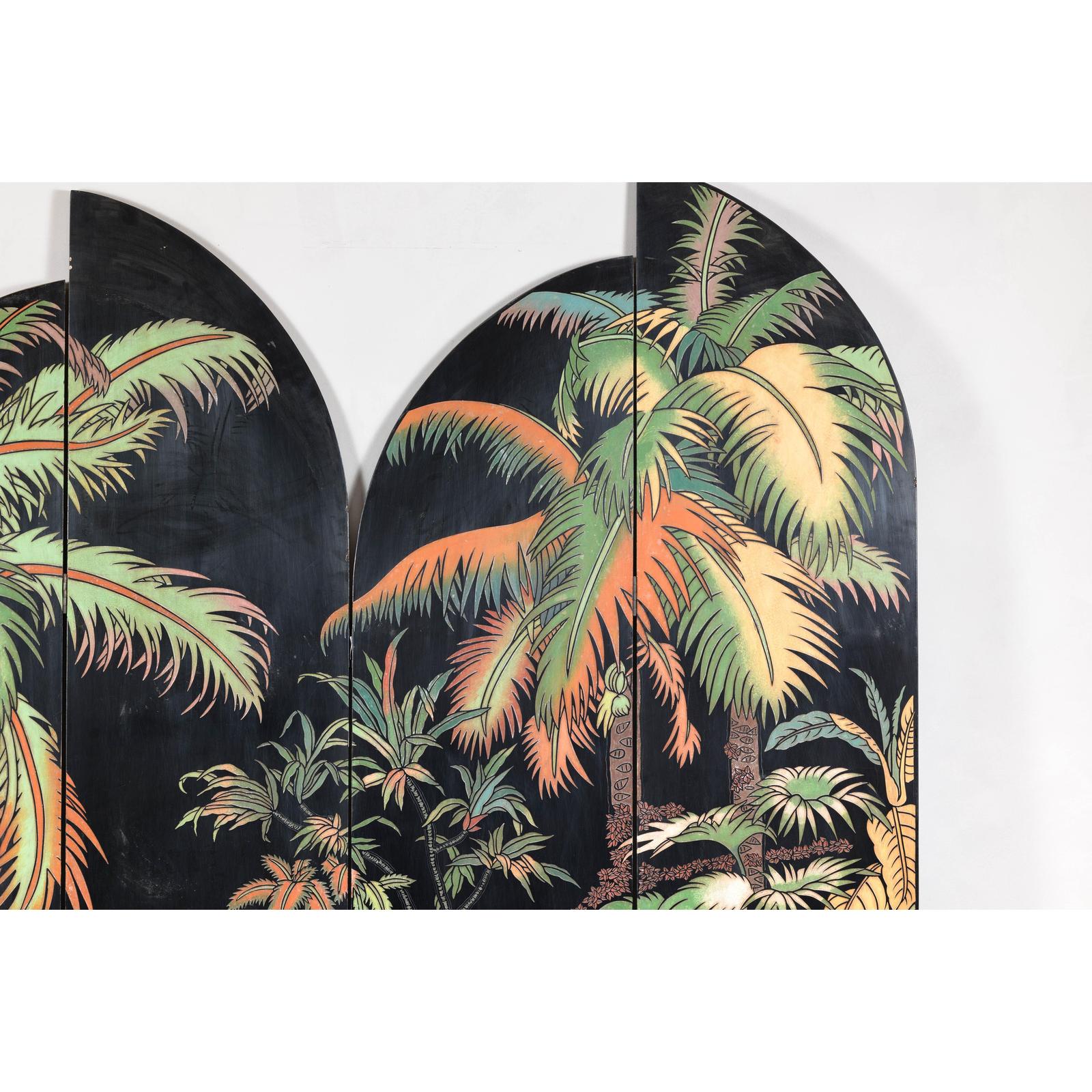 Vintage Four-Panel Screen with Curved Design and Raised Bird Decor