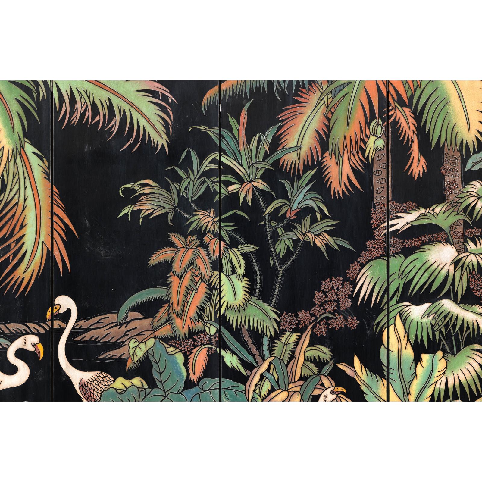 Vintage Four-Panel Screen with Curved Design and Raised Bird Decor