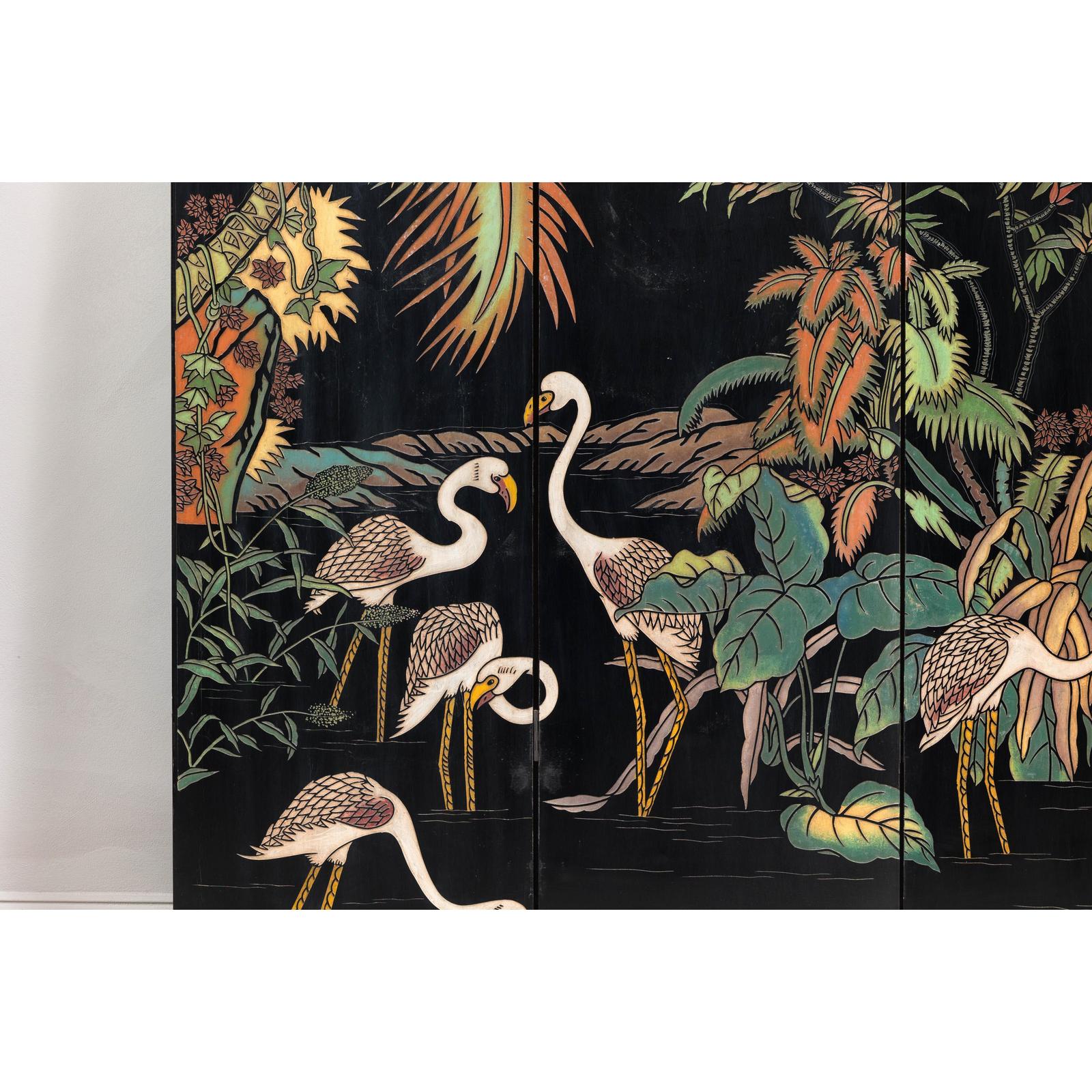 Vintage Four-Panel Screen with Curved Design and Raised Bird Decor
