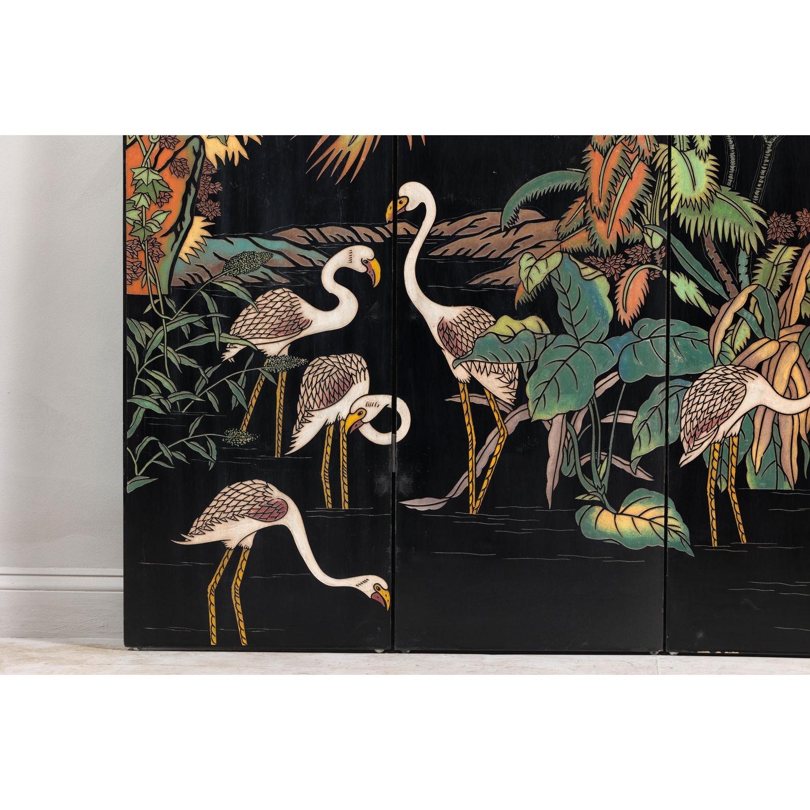 Vintage Four-Panel Screen with Curved Design and Raised Bird Decor