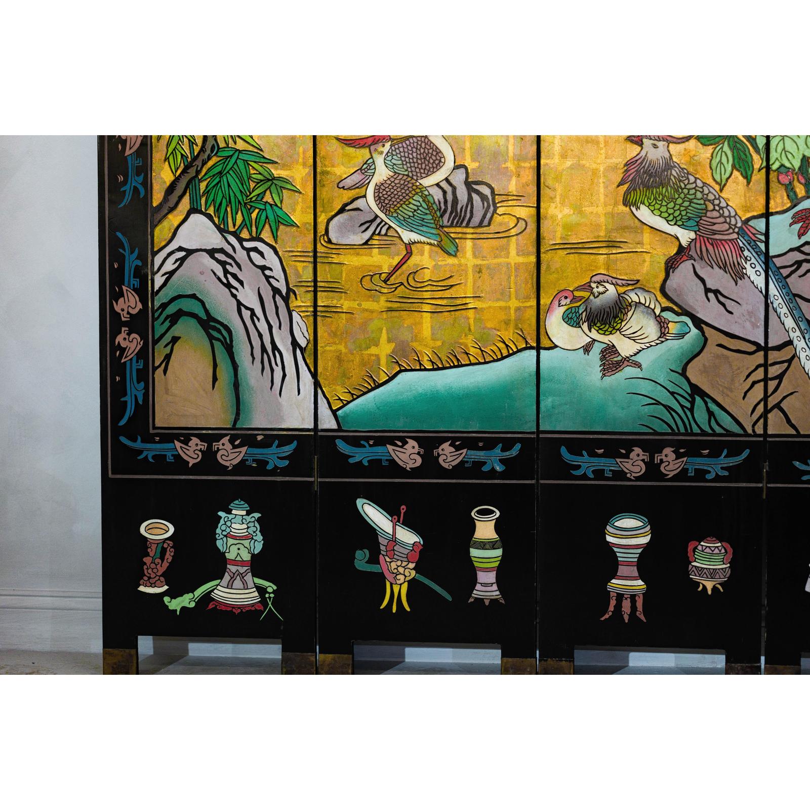 Vintage Mid Century Chinese Six-Panel Gold and Black Screen, SKU , image 9