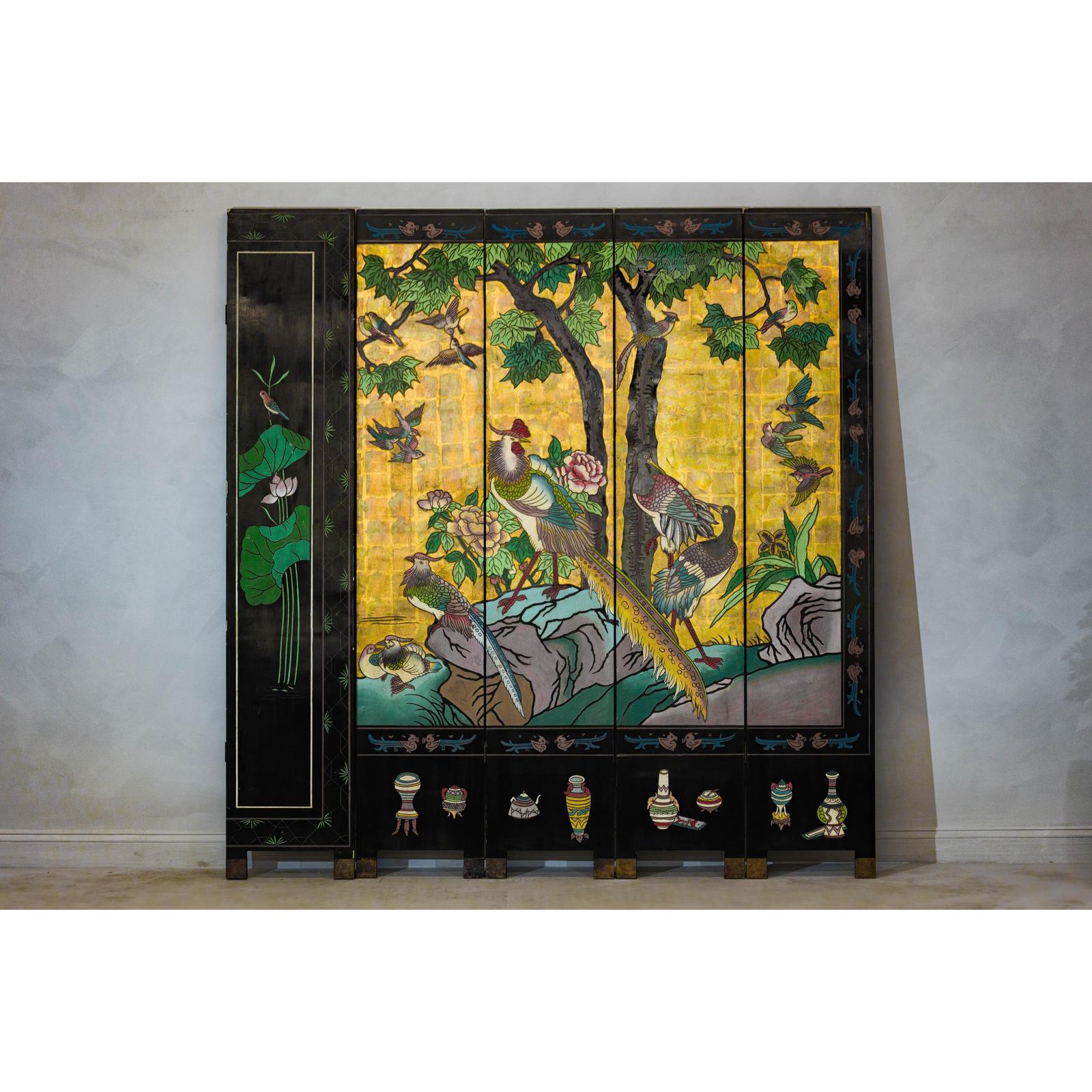 Vintage Mid Century Chinese Six-Panel Gold and Black Screen, SKU , image 13
