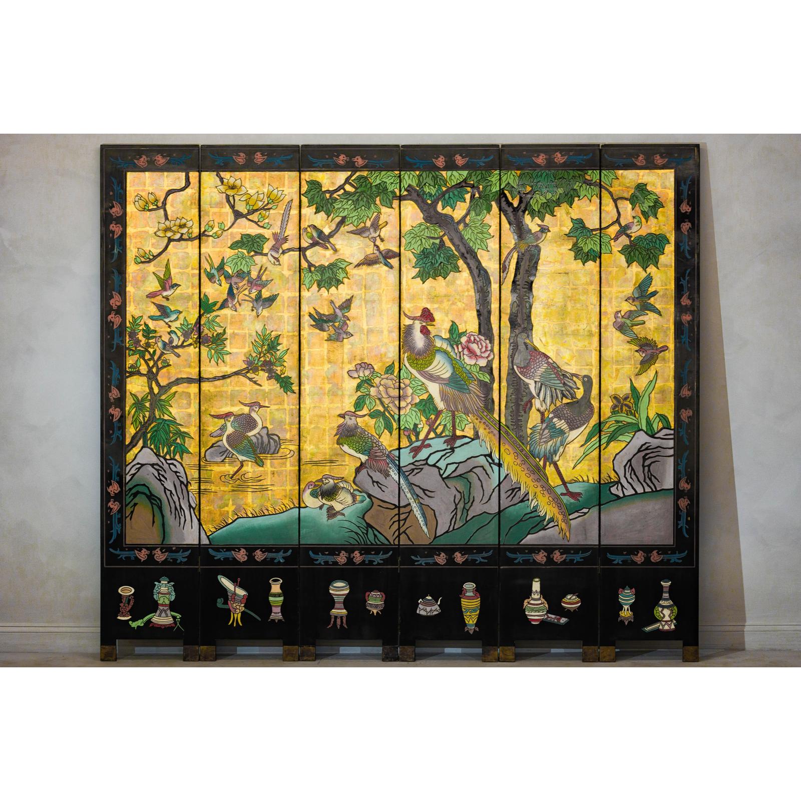 Vintage Mid Century Chinese Six-Panel Gold and Black Screen, SKU , image 3
