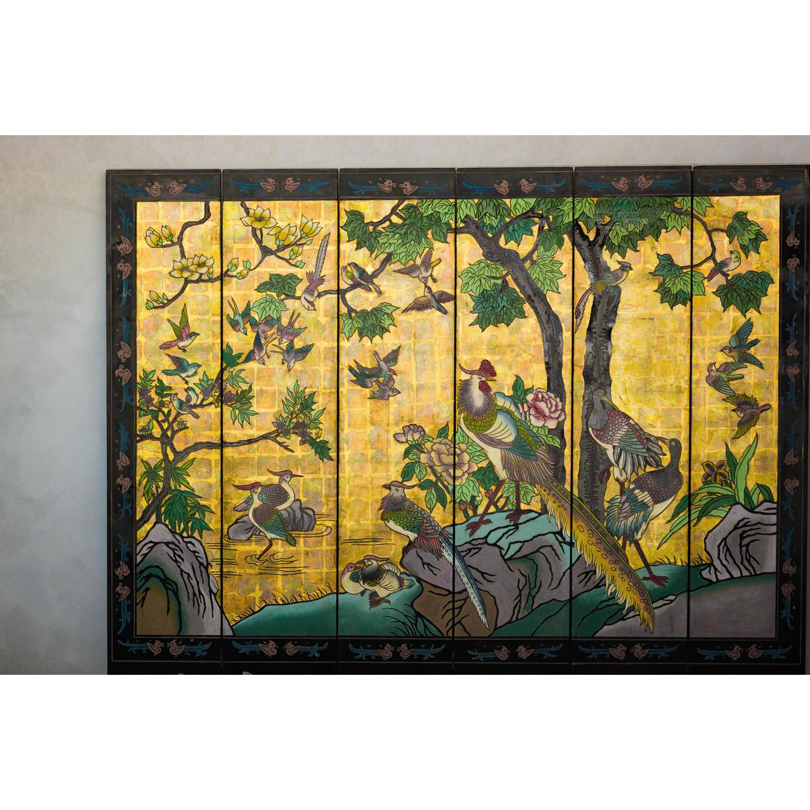 Vintage Mid Century Chinese Six-Panel Gold and Black Screen, SKU , image 4