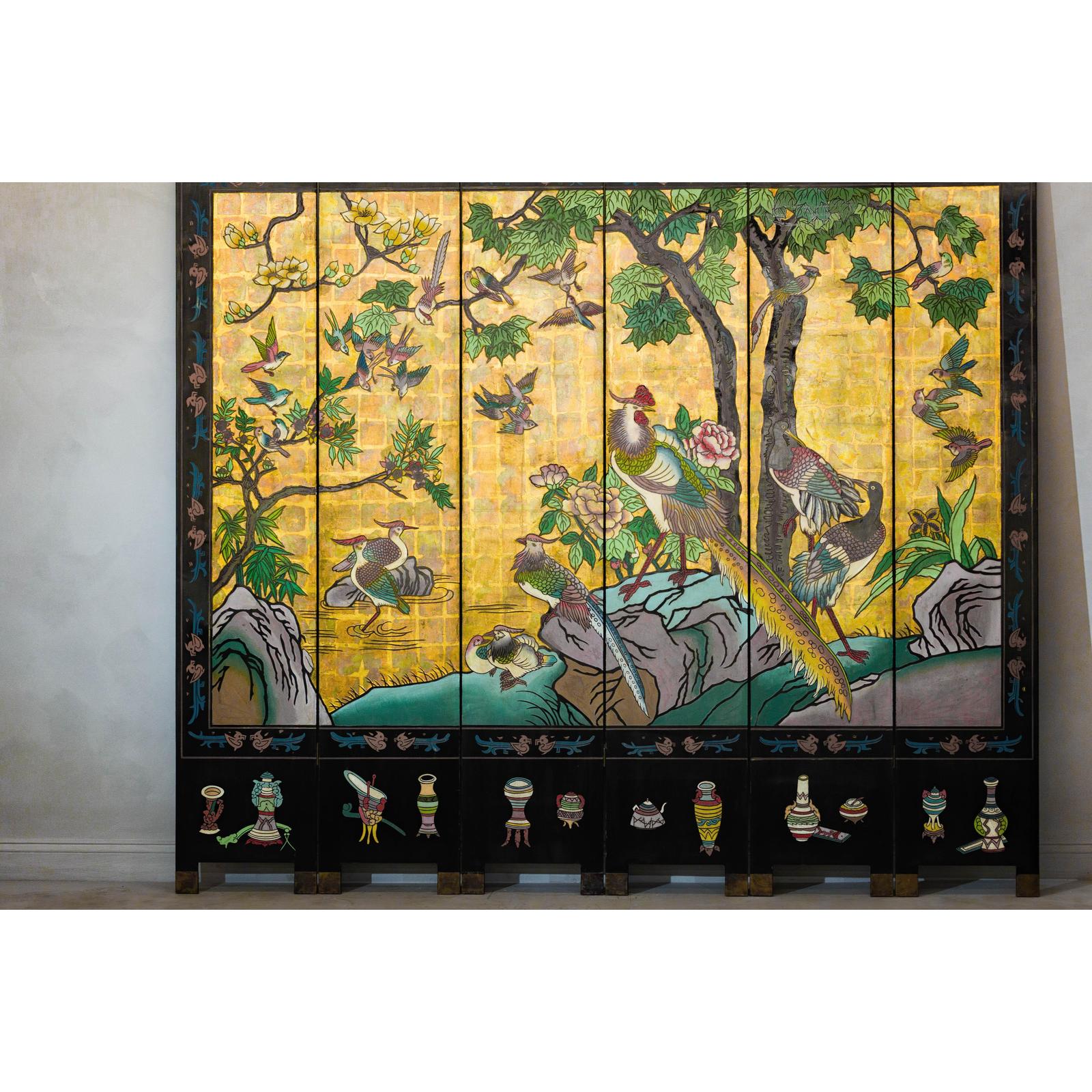 Vintage Mid Century Chinese Six-Panel Gold and Black Screen, SKU , image 5