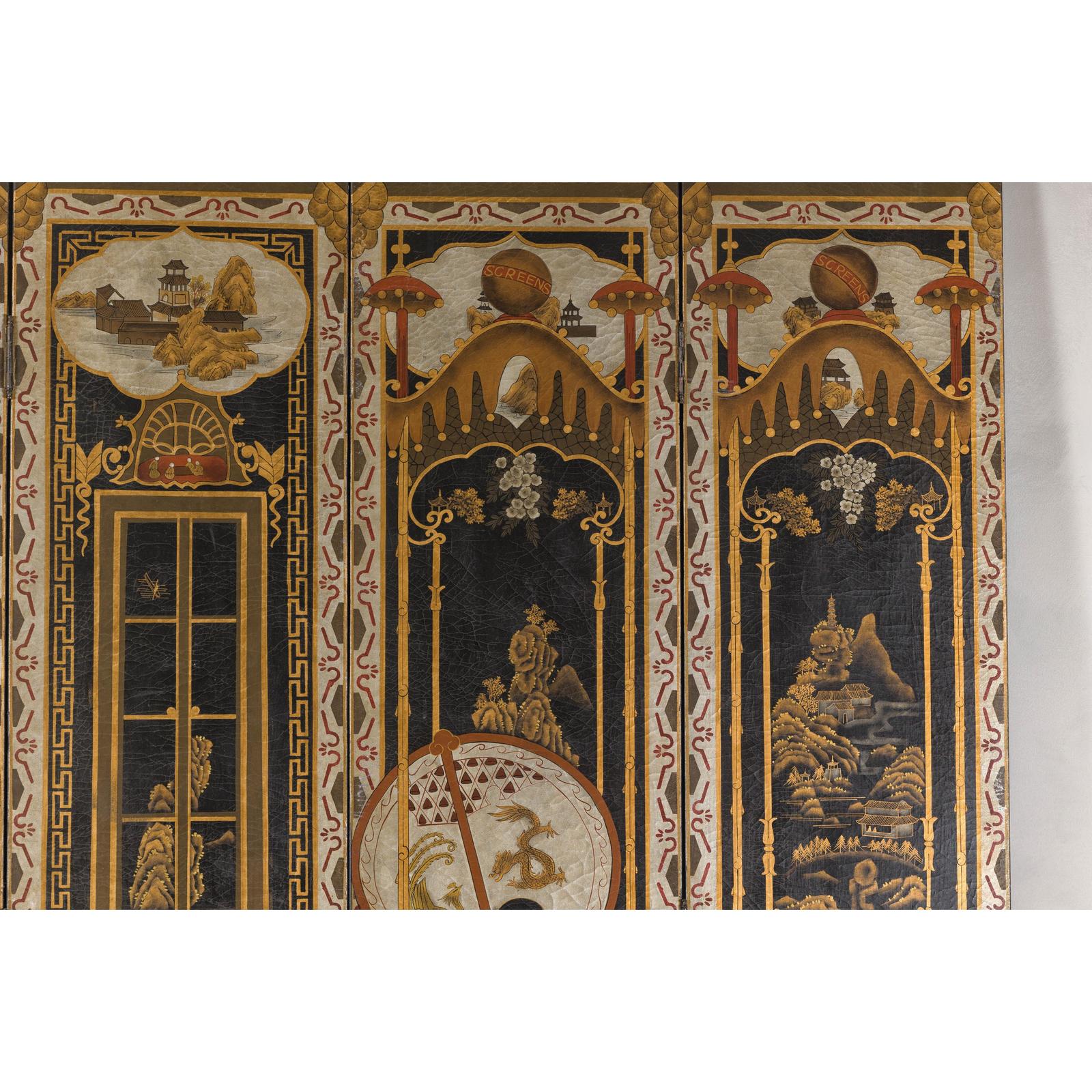 Late Qing Lacquered Six-Panel Screen with Gilded Figures and Scenic Motifs