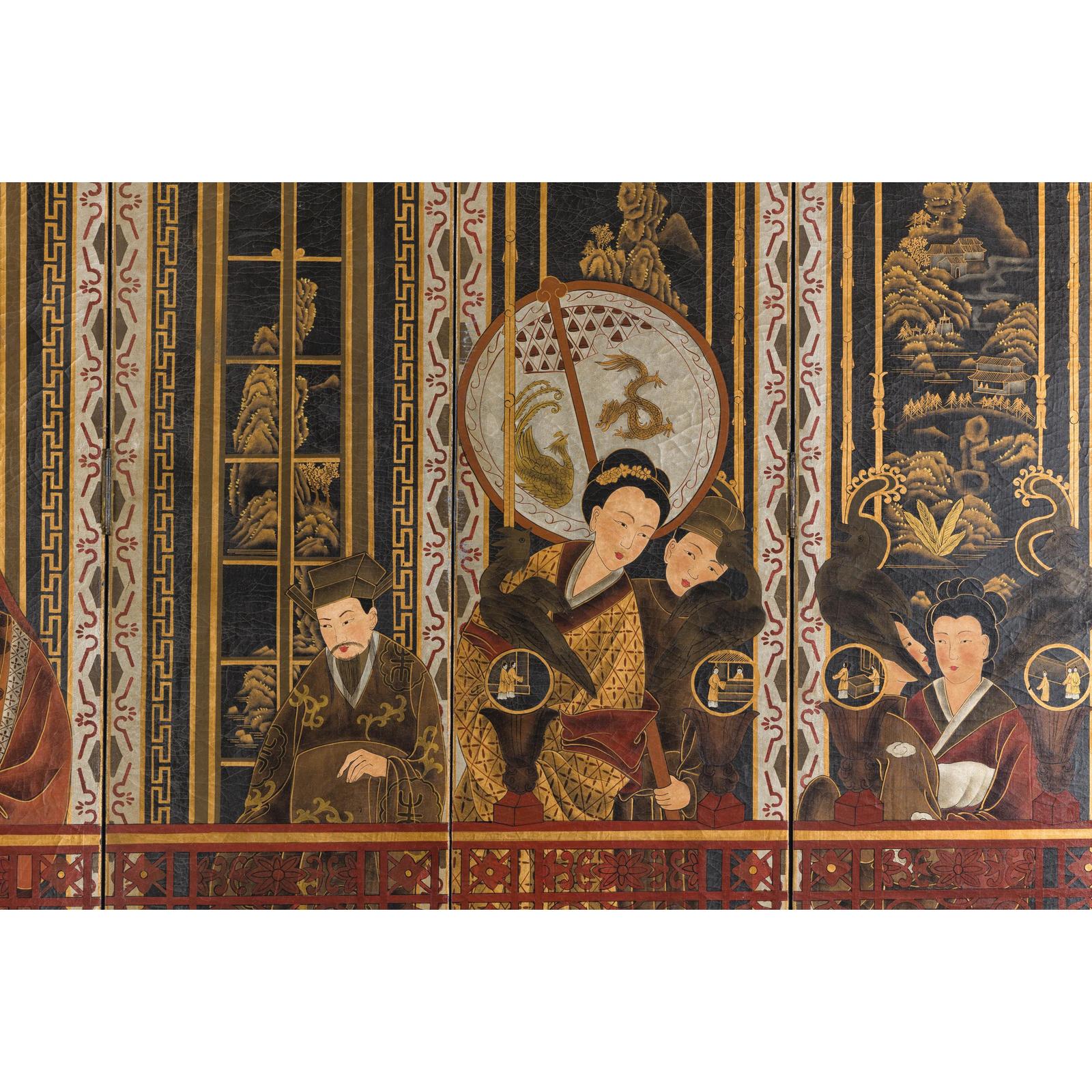 Late Qing Lacquered Six-Panel Screen with Gilded Figures and Scenic Motifs