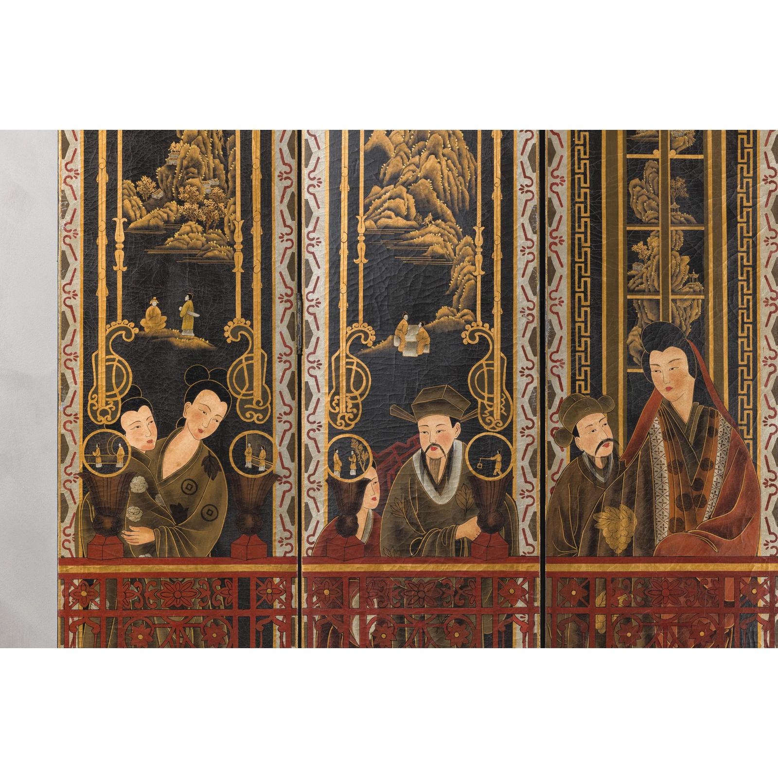 Late Qing Lacquered Six-Panel Screen with Gilded Figures and Scenic Motifs