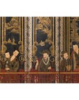 Late Qing Lacquered Six-Panel Screen with Gilded Figures and Scenic Motifs
