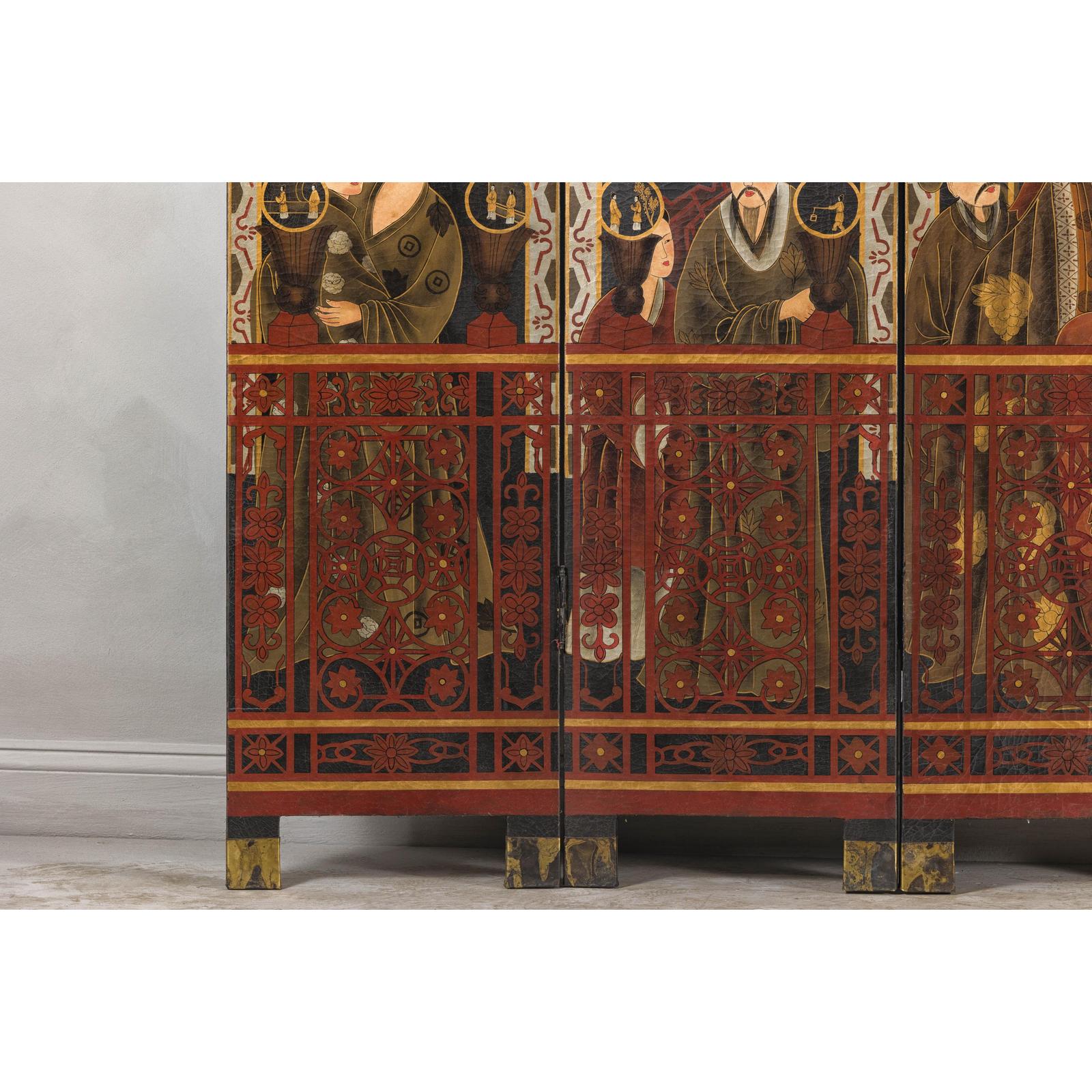 Late Qing Lacquered Six-Panel Screen with Gilded Figures and Scenic Motifs
