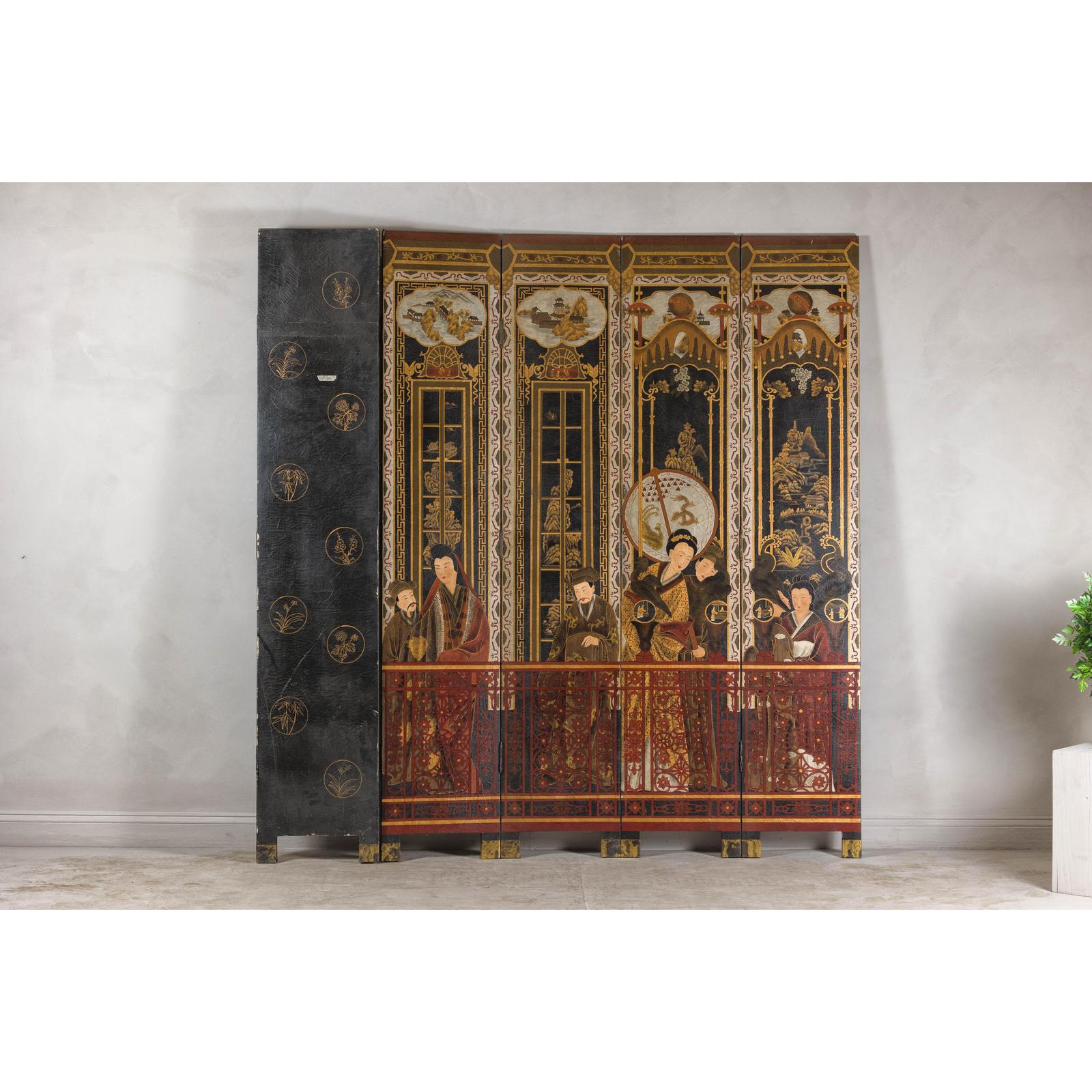 Late Qing Lacquered Six-Panel Screen with Gilded Figures and Scenic Motifs