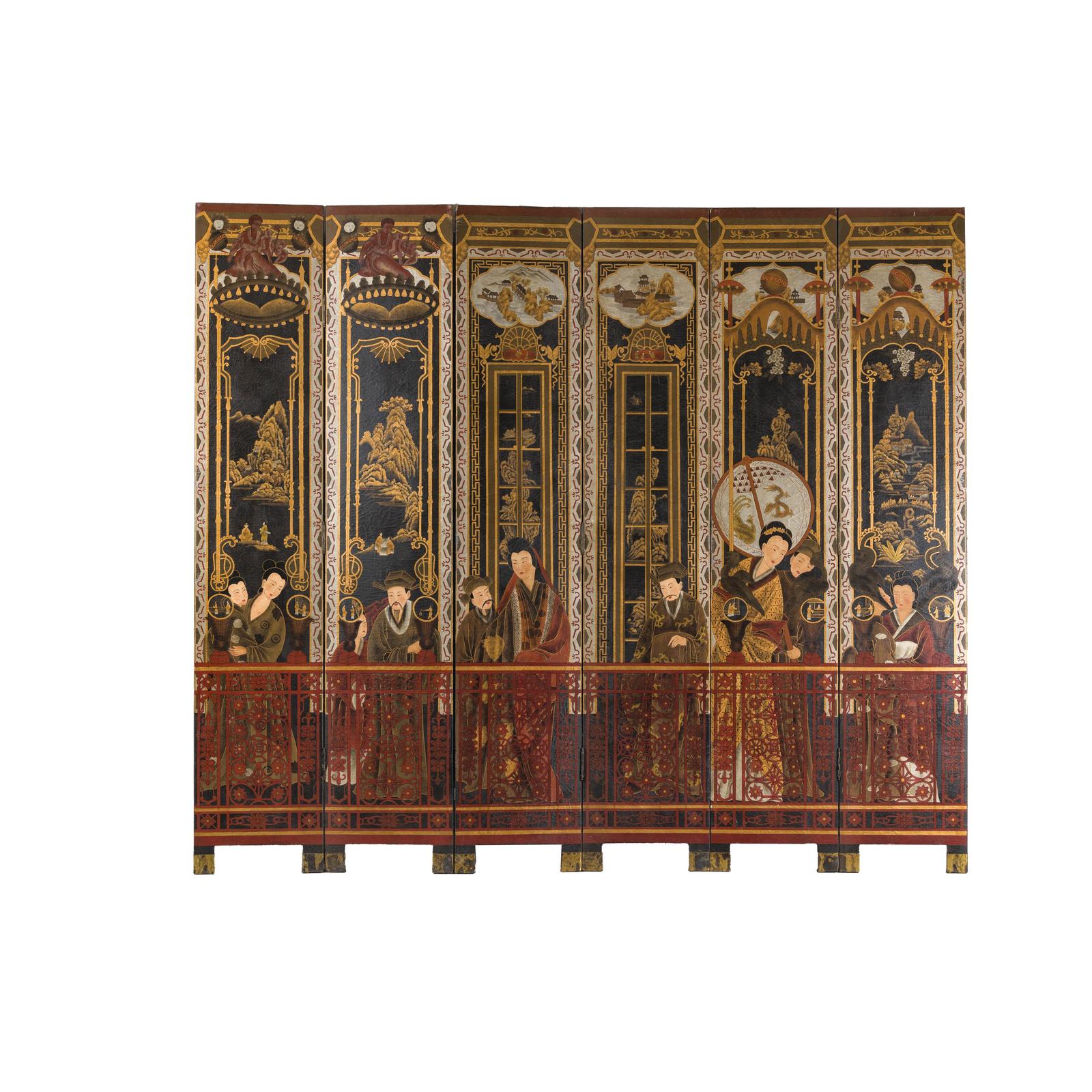 Late Qing Lacquered Six-Panel Screen with Gilded Figures and Scenic Motifs