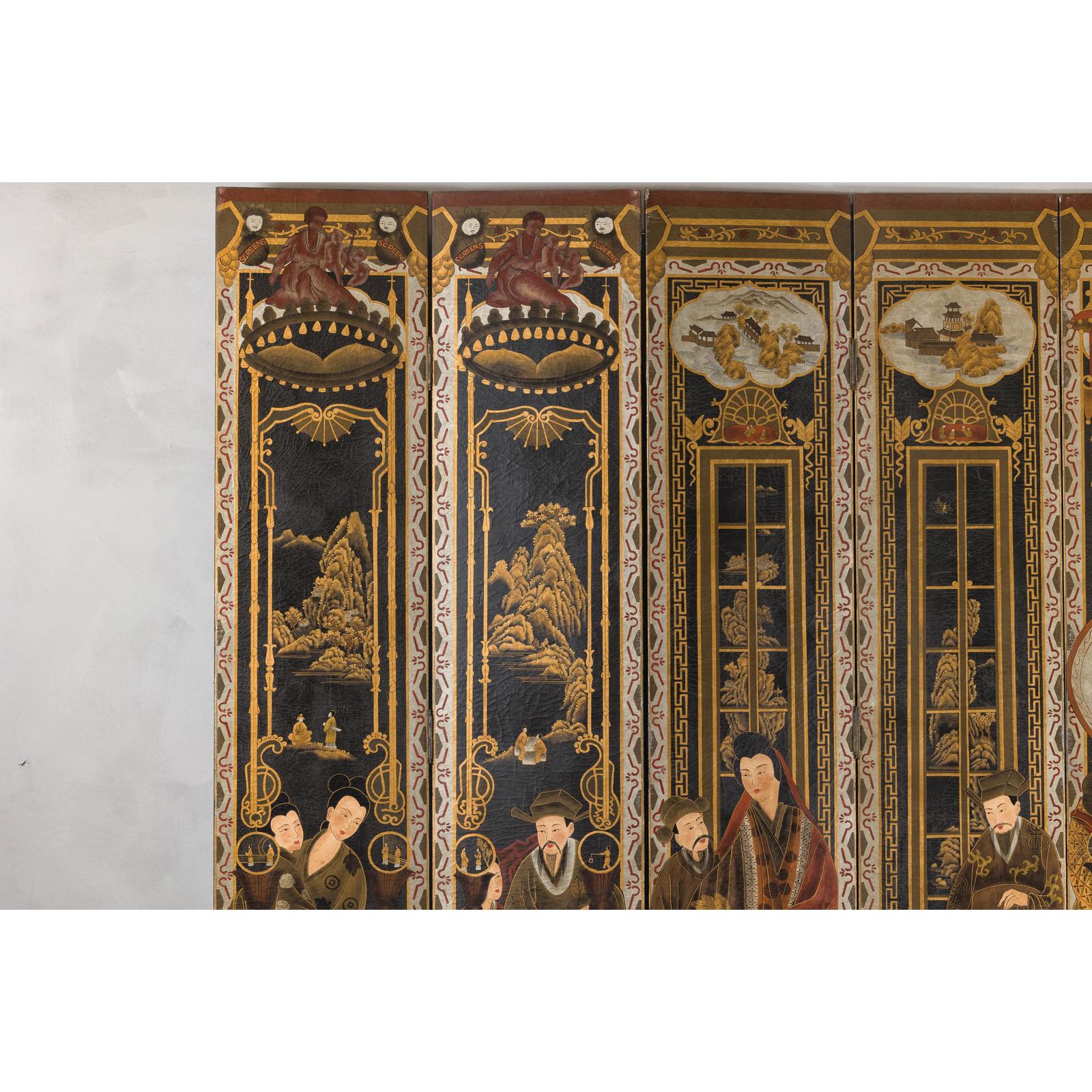 Late Qing Lacquered Six-Panel Screen with Gilded Figures and Scenic Motifs