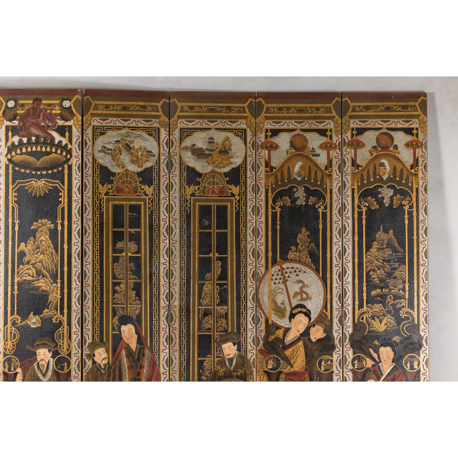 Late Qing Lacquered Six-Panel Screen with Gilded Figures and Scenic Motifs