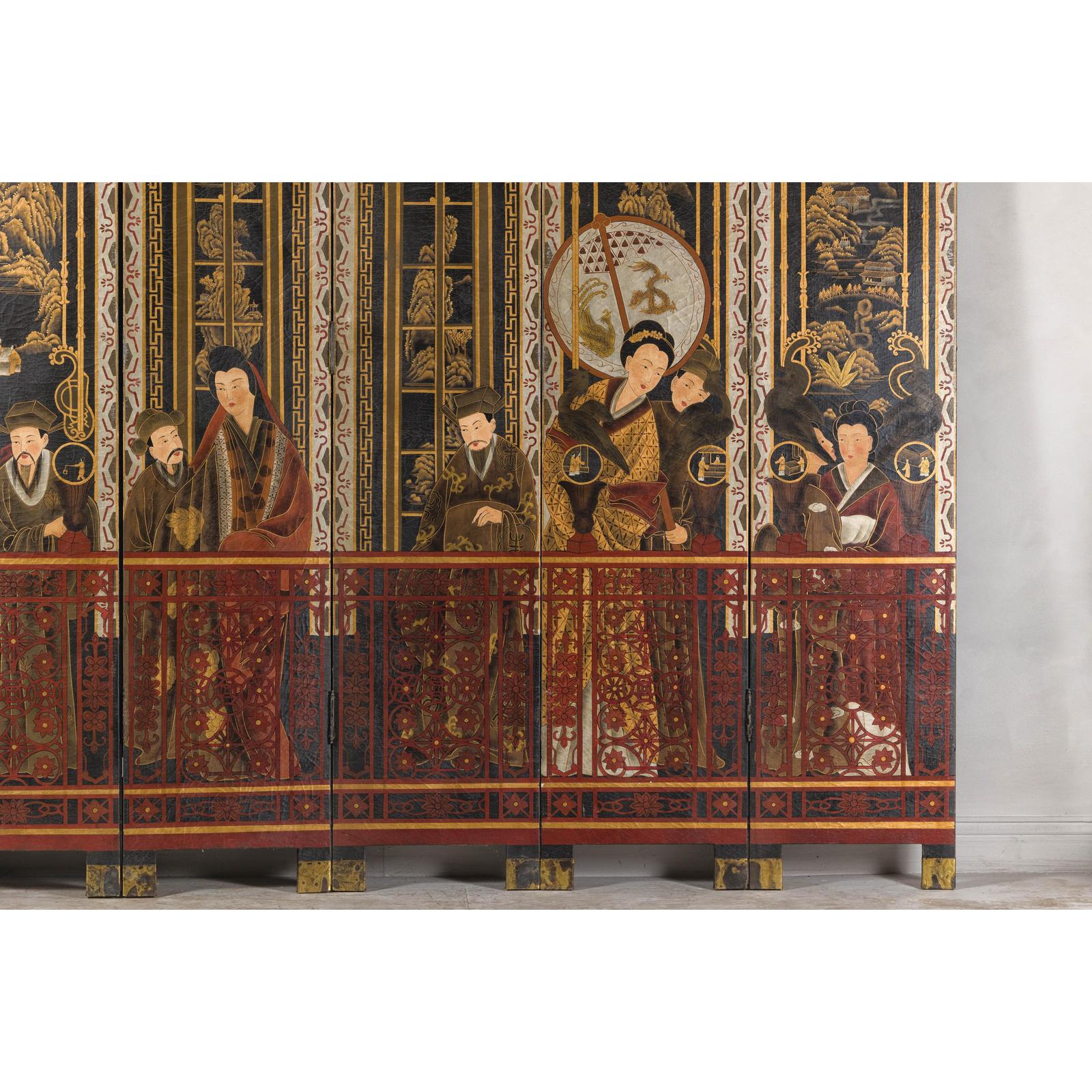 Late Qing Lacquered Six-Panel Screen with Gilded Figures and Scenic Motifs