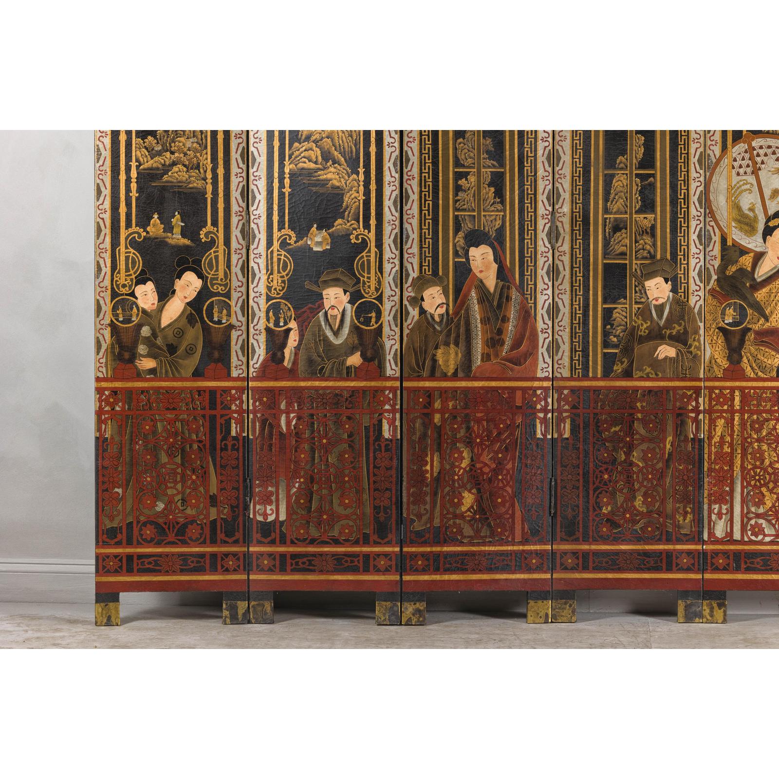Late Qing Lacquered Six-Panel Screen with Gilded Figures and Scenic Motifs