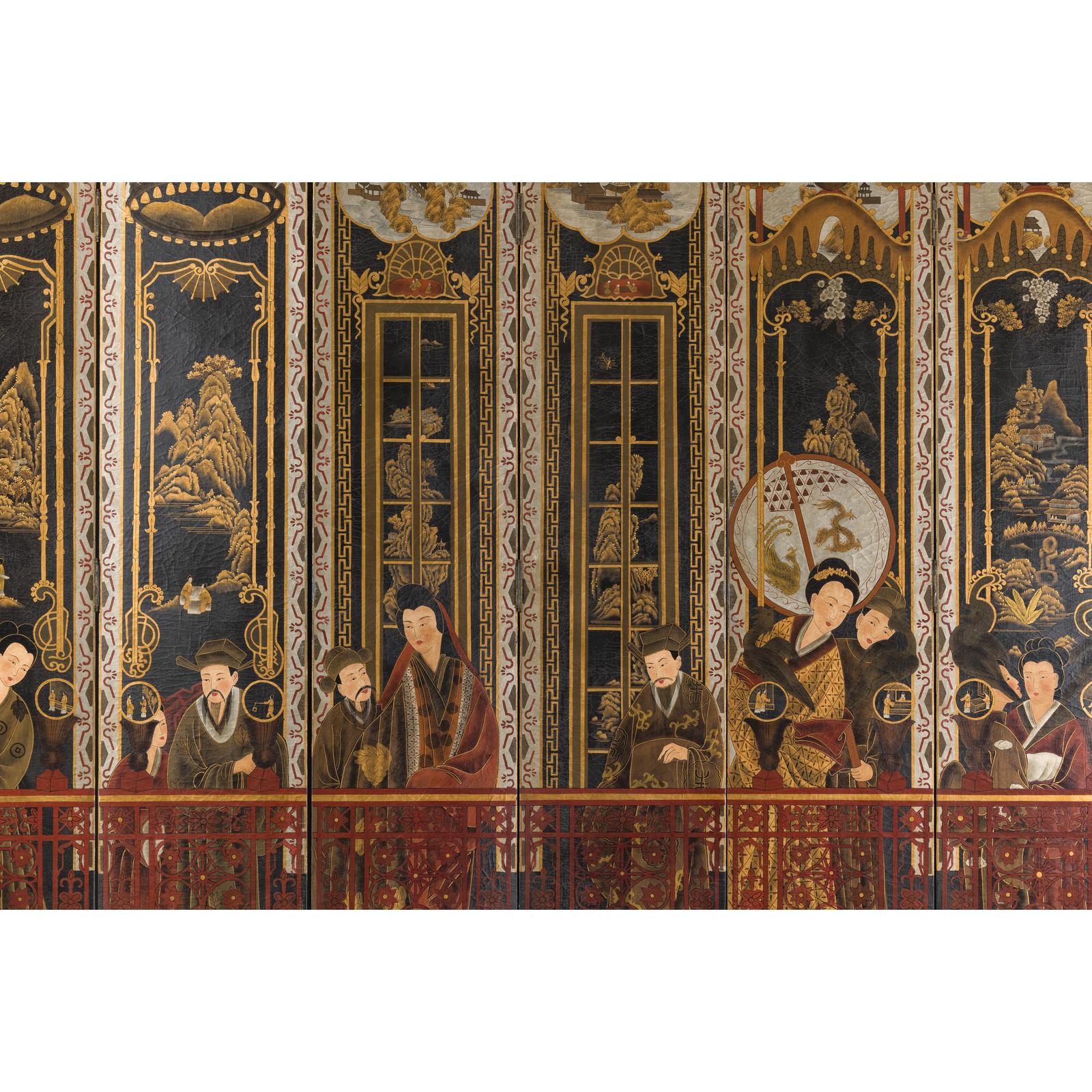 Late Qing Lacquered Six-Panel Screen with Gilded Figures and Scenic Motifs