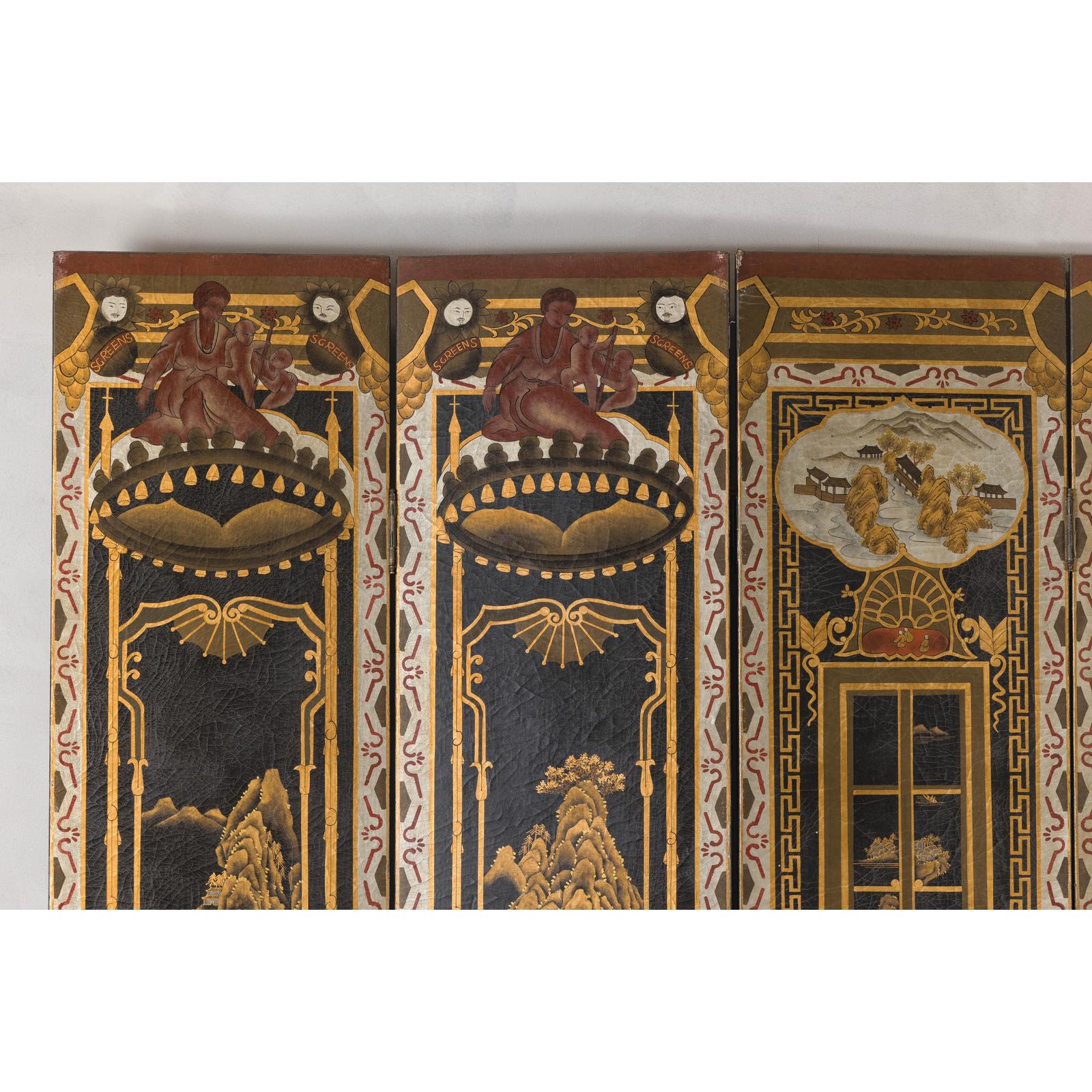 Late Qing Lacquered Six-Panel Screen with Gilded Figures and Scenic Motifs