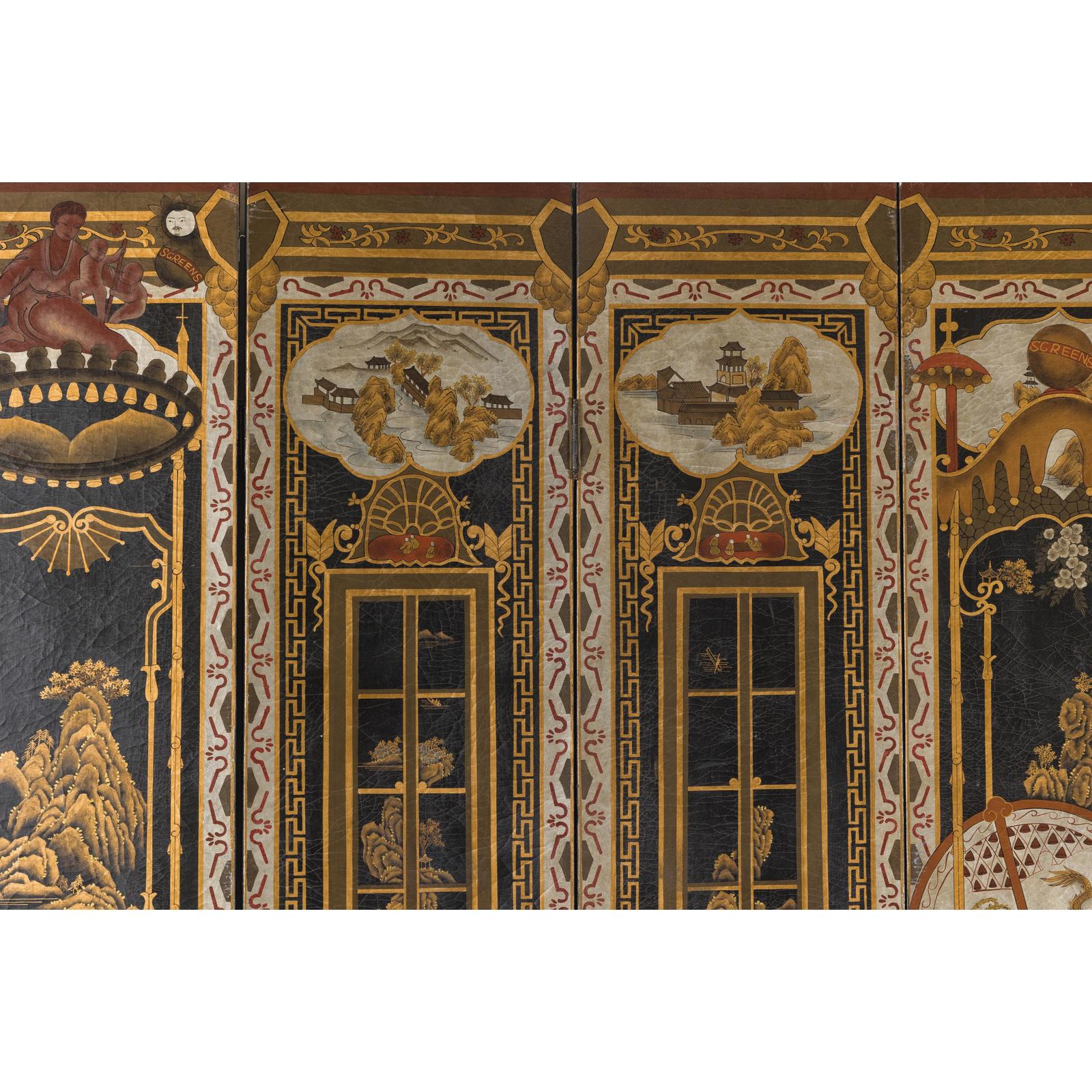 Late Qing Lacquered Six-Panel Screen with Gilded Figures and Scenic Motifs
