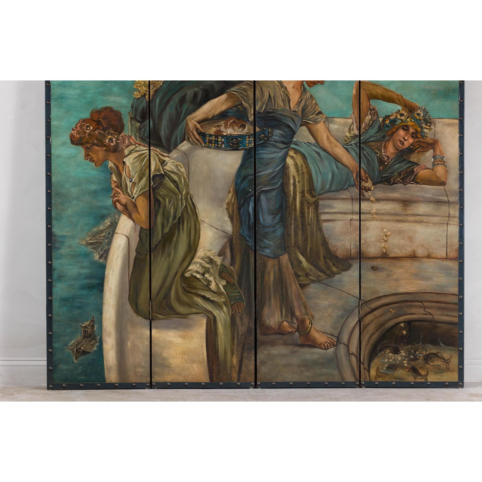 Classical 4-Panel Scalloped Screen with Hand-Painted Maidens and Coastal Scene
