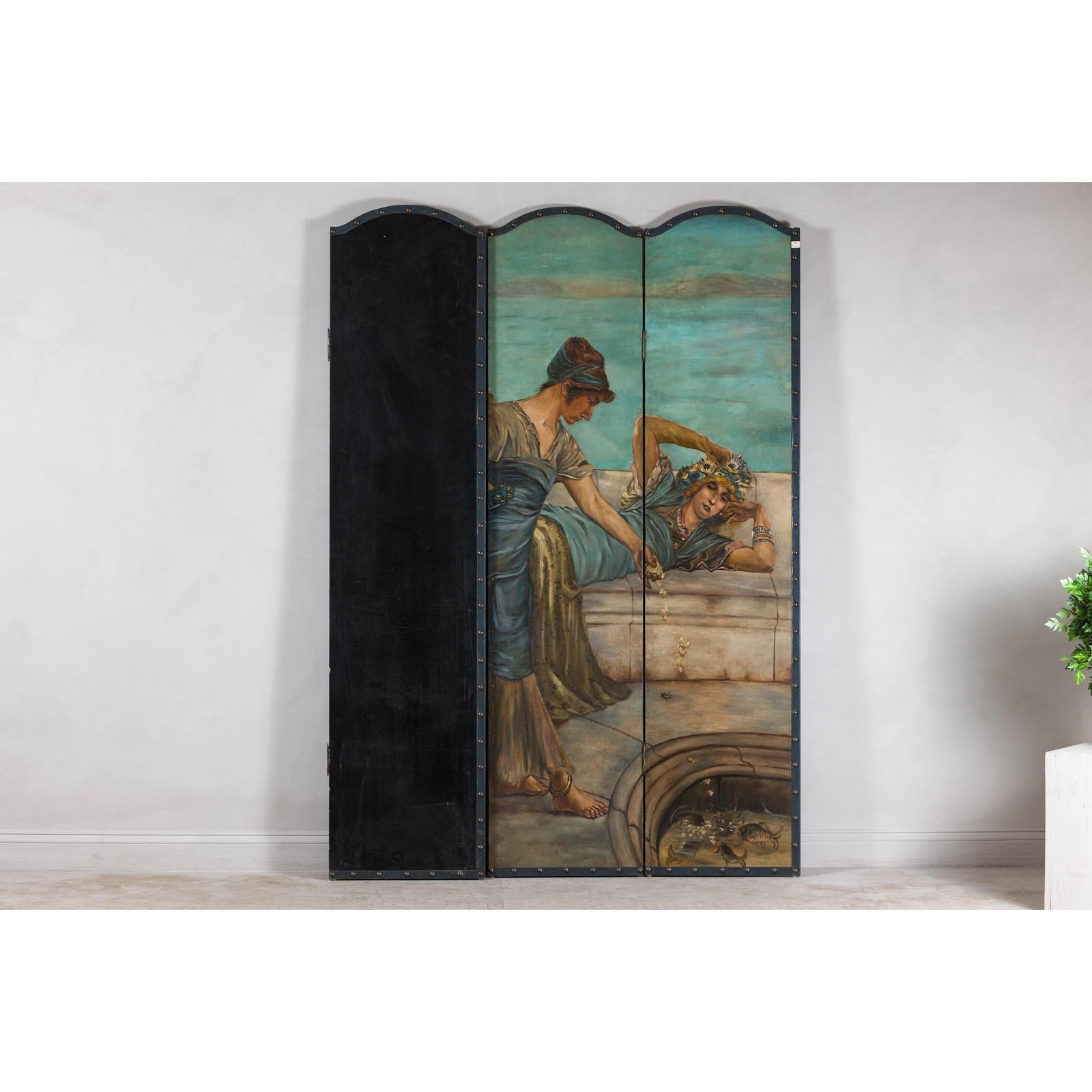 Classical 4-Panel Scalloped Screen with Hand-Painted Maidens and Coastal Scene