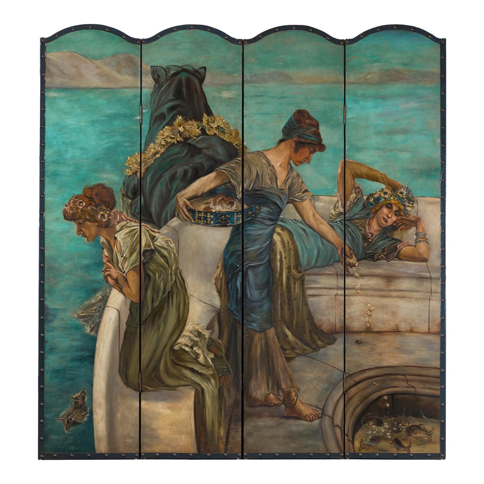 Classical 4-Panel Scalloped Screen with Hand-Painted Maidens and Coastal Scene