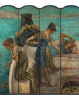 Classical 4-Panel Scalloped Screen with Hand-Painted Maidens and Coastal Scene