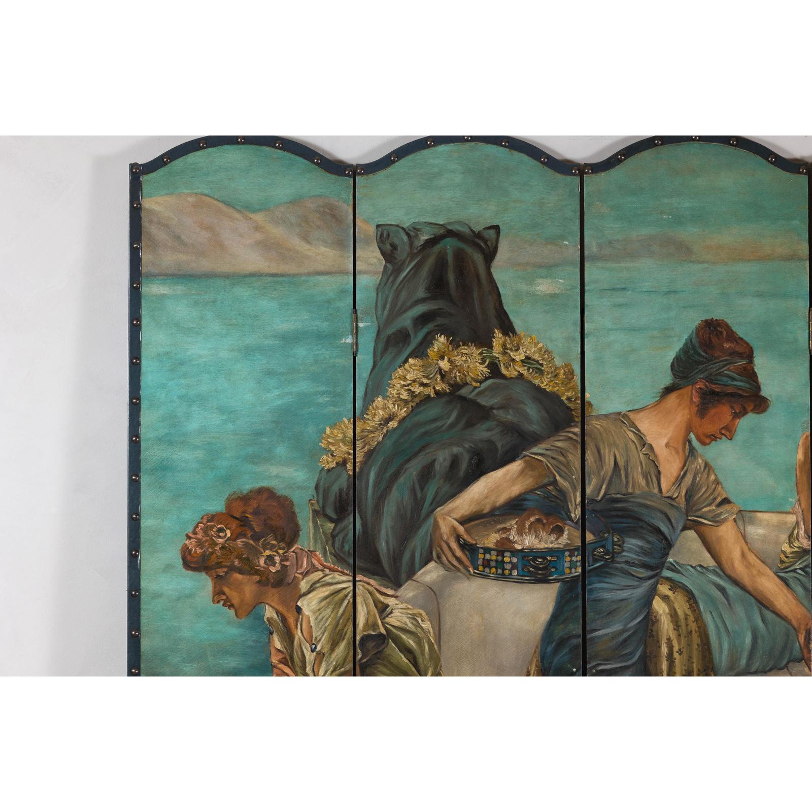 Classical 4-Panel Scalloped Screen with Hand-Painted Maidens and Coastal Scene