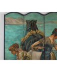 Classical 4-Panel Scalloped Screen with Hand-Painted Maidens and Coastal Scene