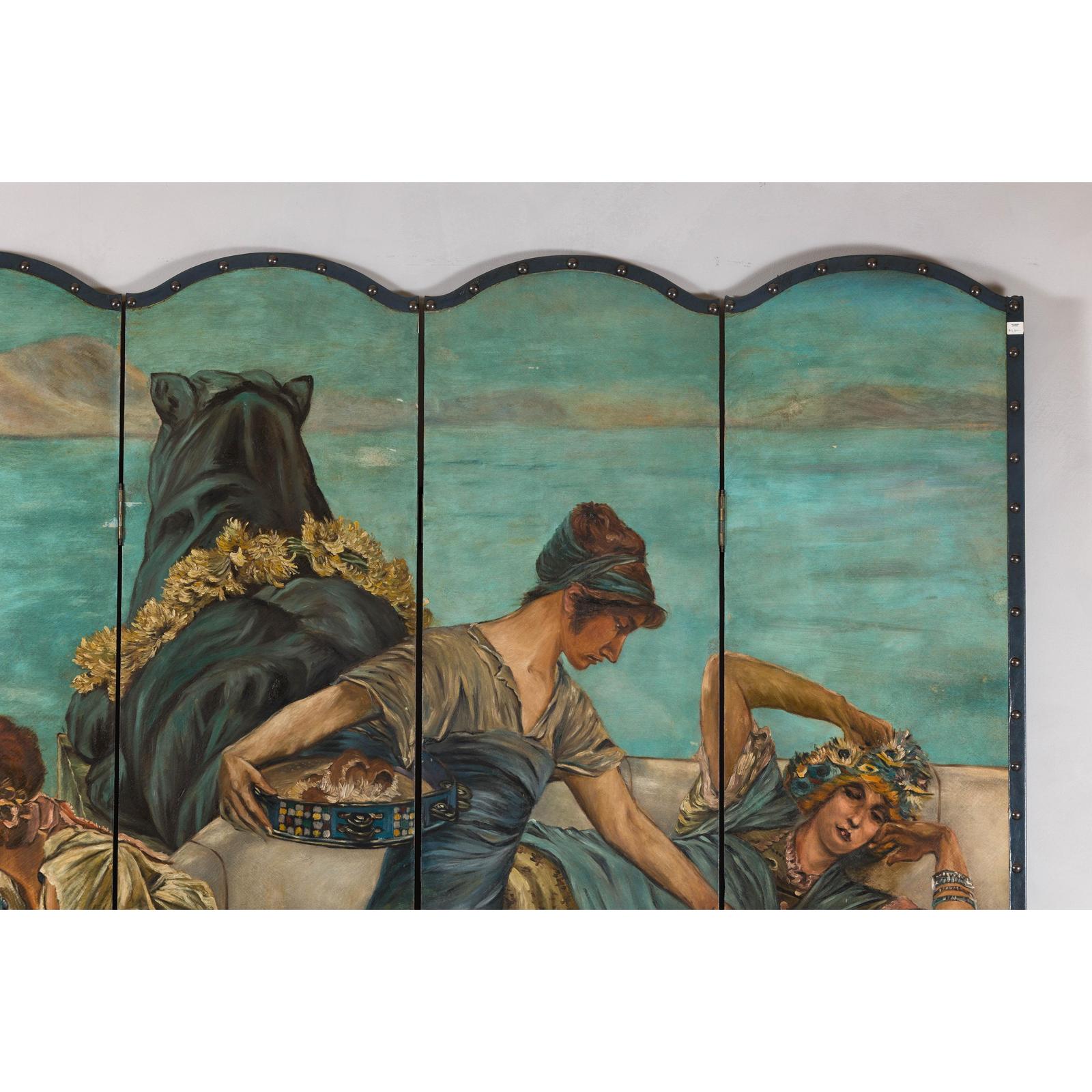 Classical 4-Panel Scalloped Screen with Hand-Painted Maidens and Coastal Scene
