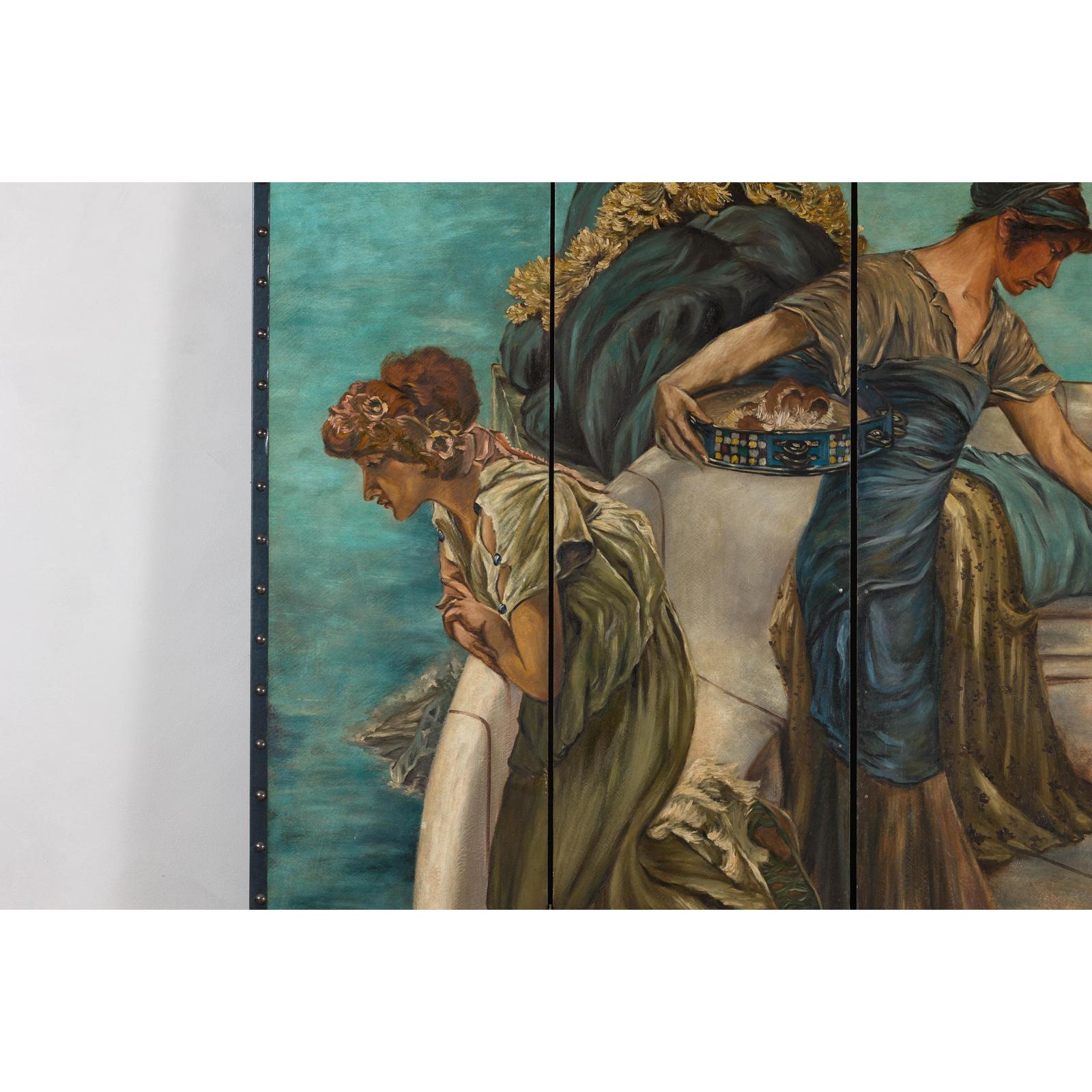 Classical 4-Panel Scalloped Screen with Hand-Painted Maidens and Coastal Scene
