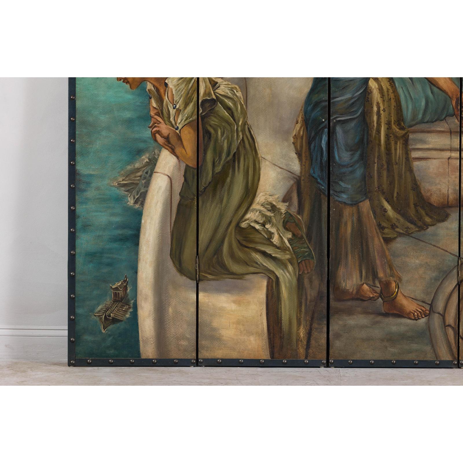 Classical 4-Panel Scalloped Screen with Hand-Painted Maidens and Coastal Scene