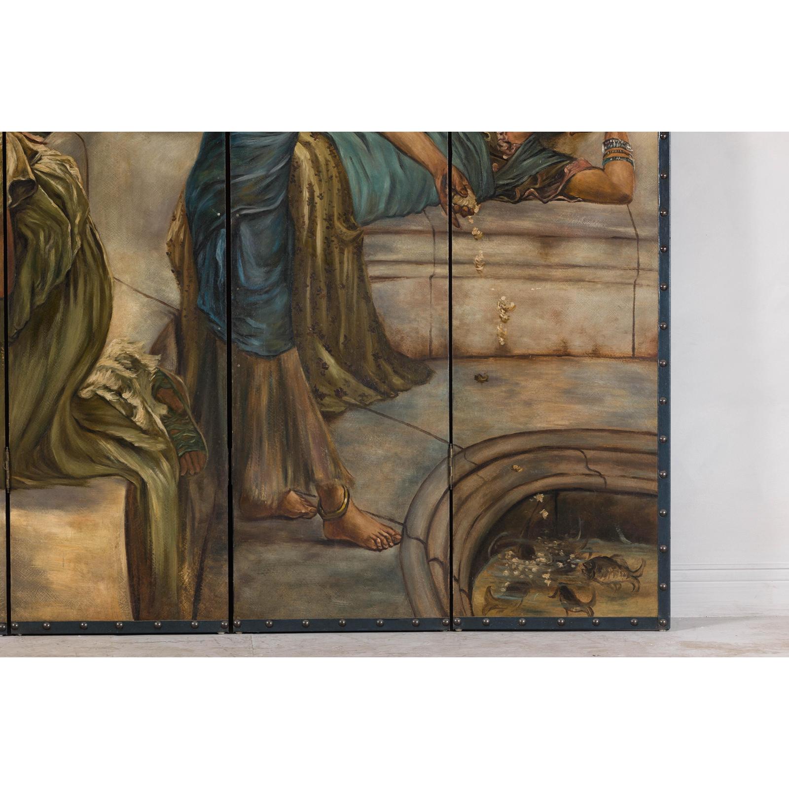 Classical 4-Panel Scalloped Screen with Hand-Painted Maidens and Coastal Scene