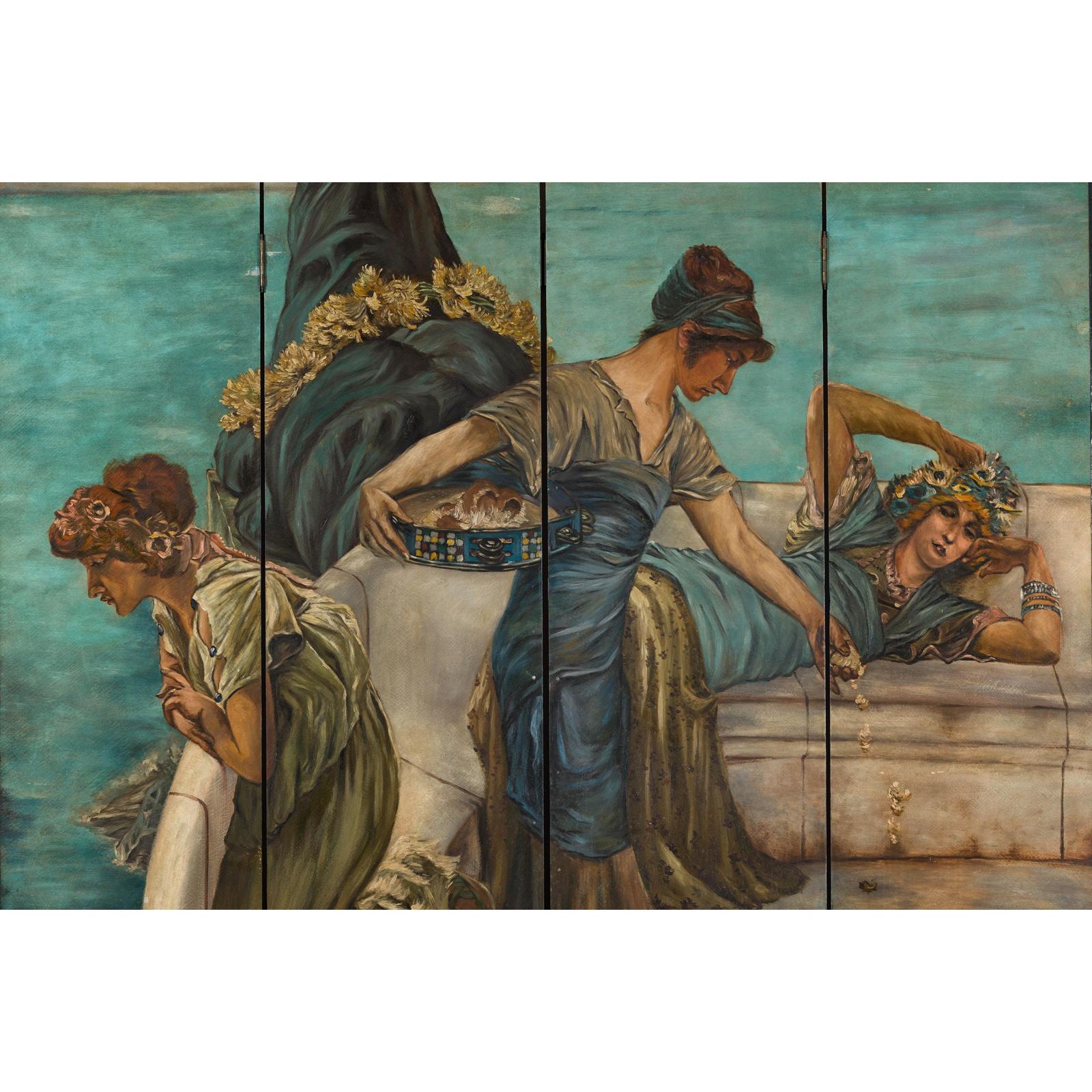 Classical 4-Panel Scalloped Screen with Hand-Painted Maidens and Coastal Scene