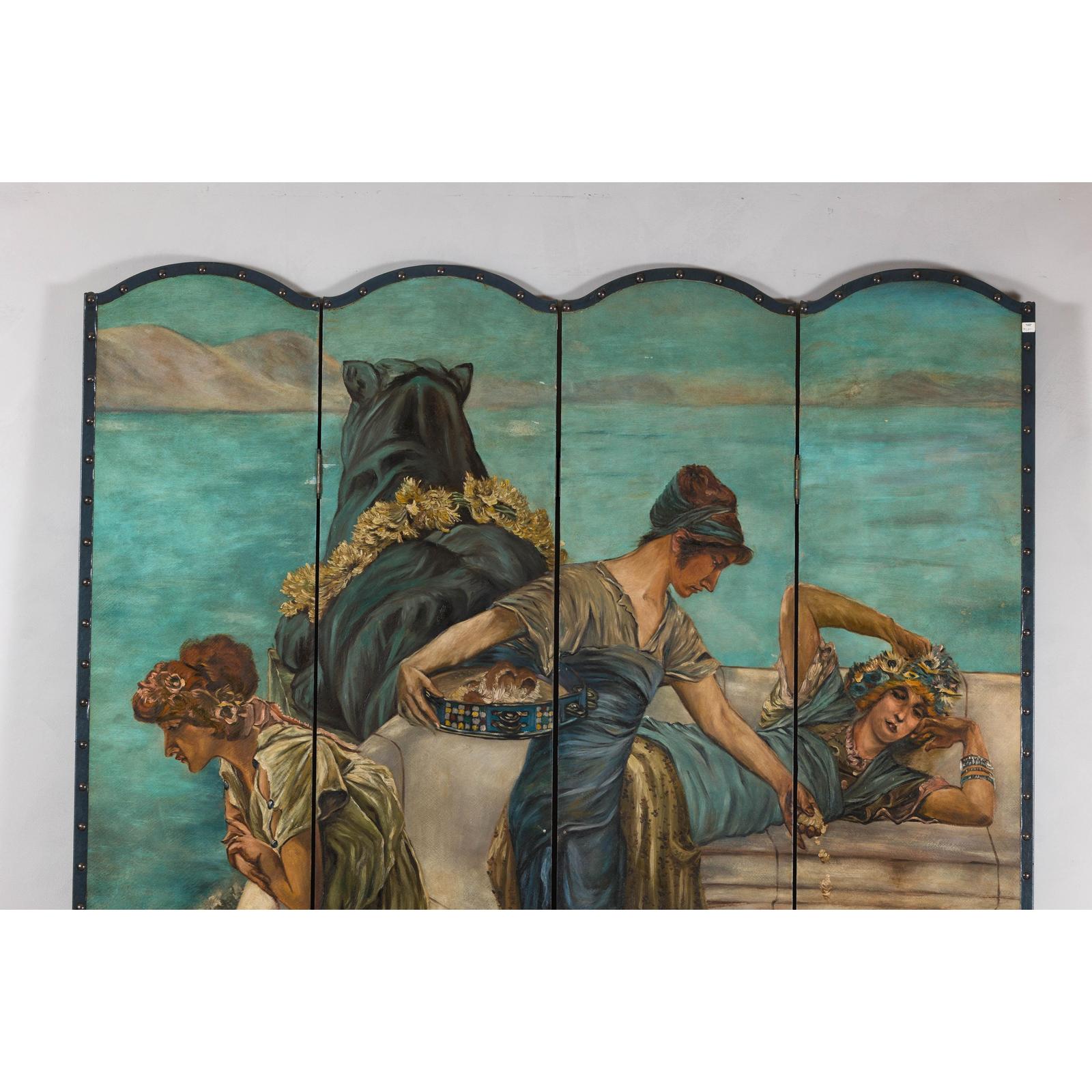 Classical 4-Panel Scalloped Screen with Hand-Painted Maidens and Coastal Scene