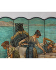 Classical 4-Panel Scalloped Screen with Hand-Painted Maidens and Coastal Scene