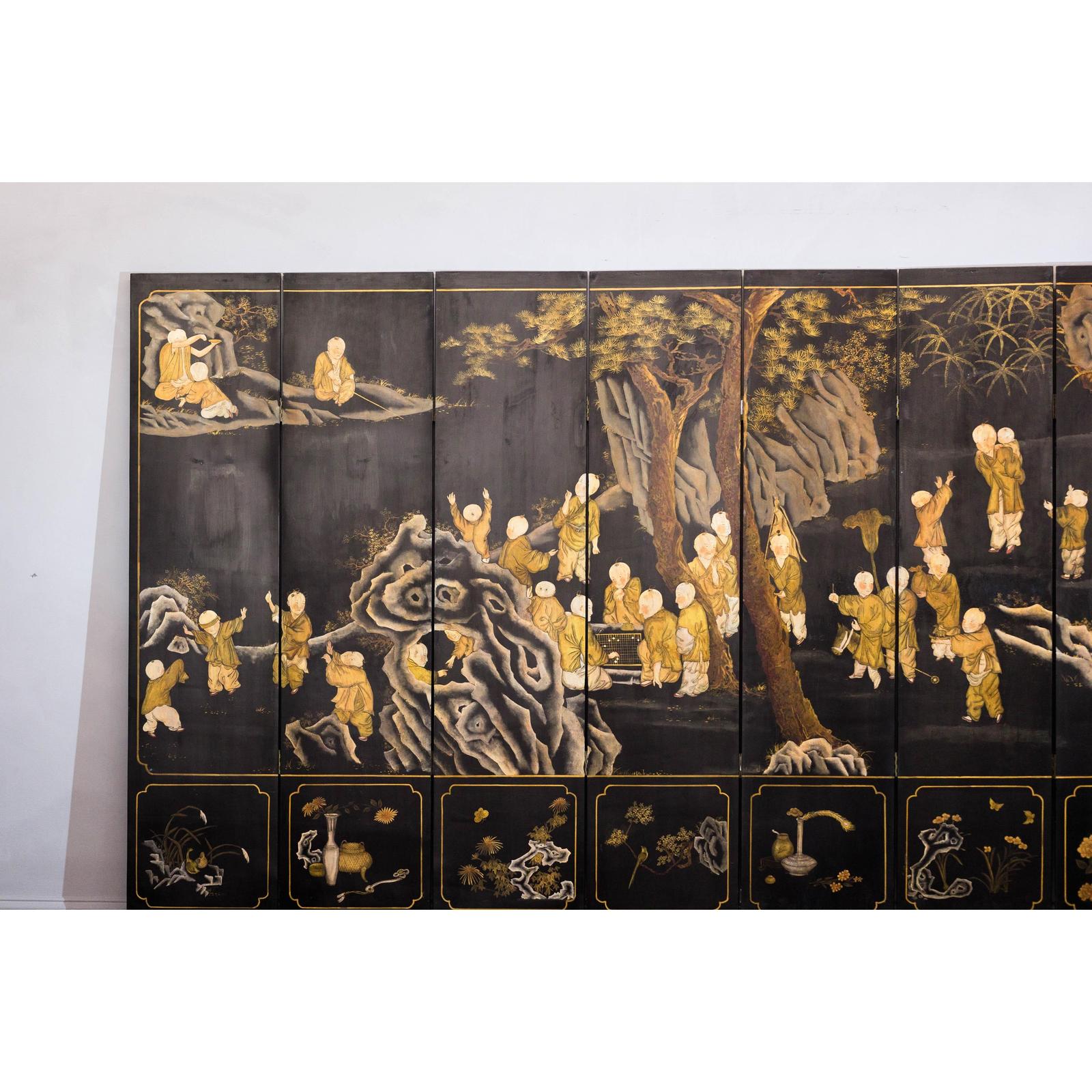 Black and Gold Lacquered Eight-Panel Screen with Monks and Children Scene